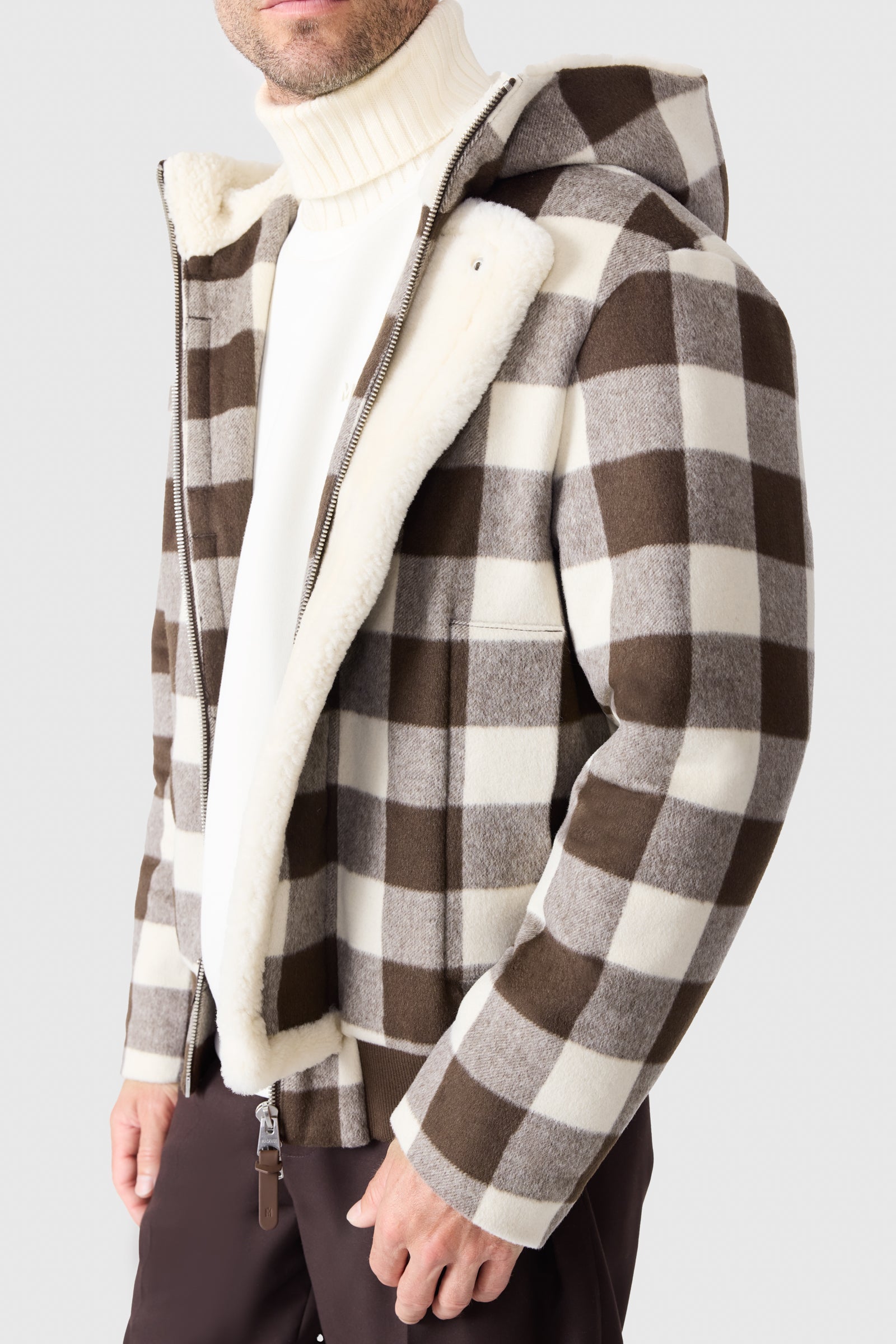 JAY-PL Plaid Wool Jacket With Shearling-Lined Hood for Men