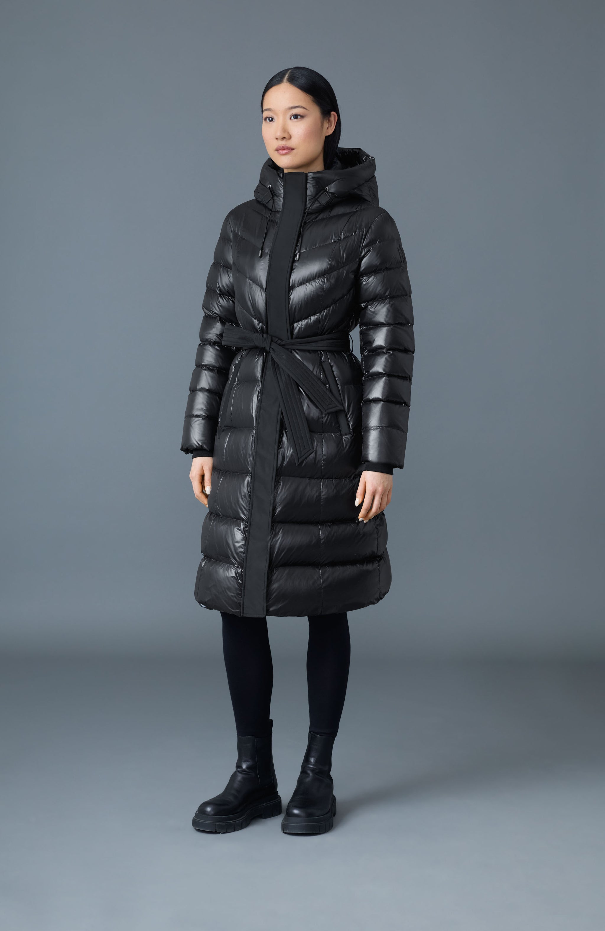 Coralia, Down coat with hood and sash belt for ladies Mackage® US