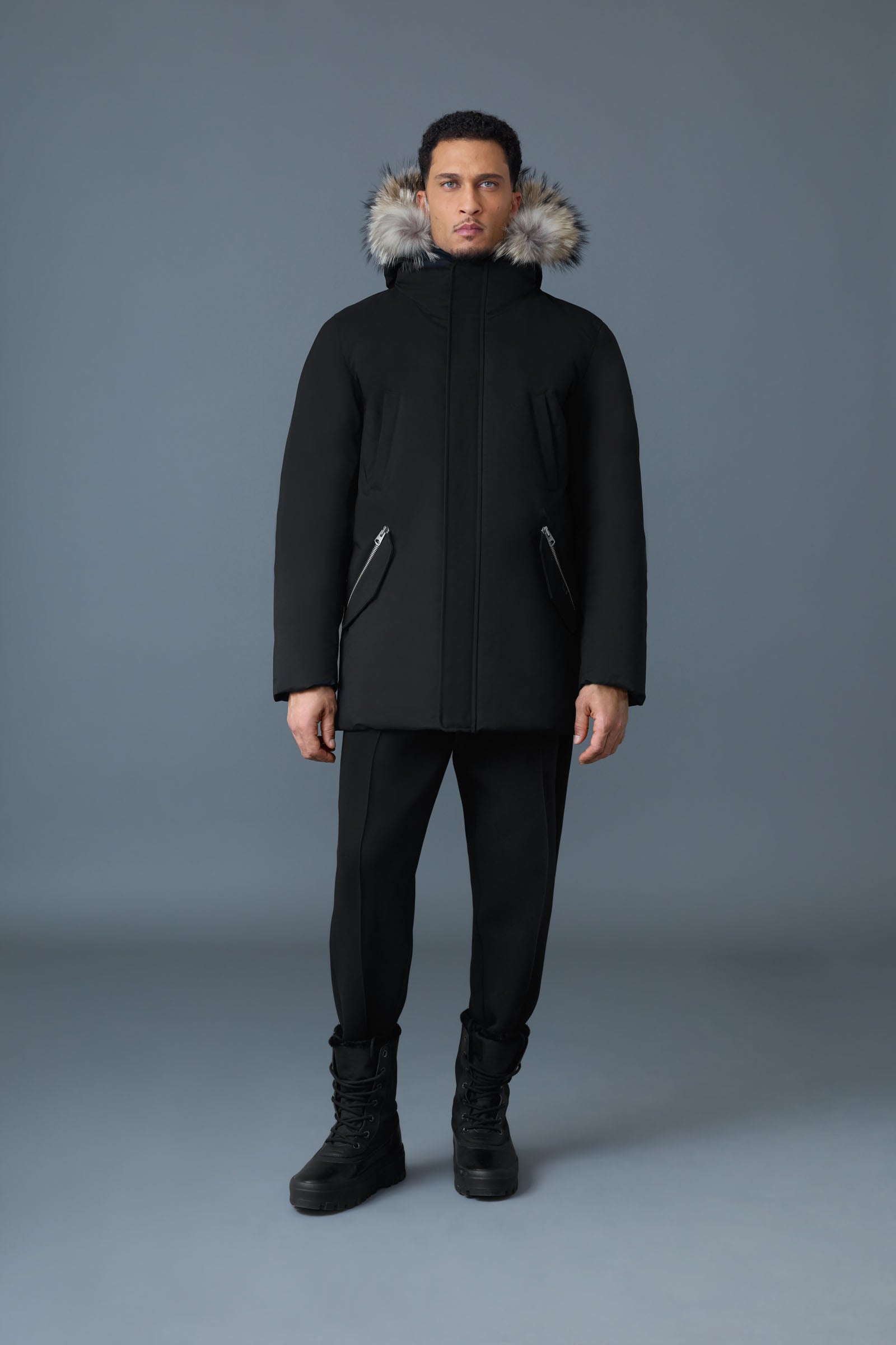 Edward-F, 2-in-1 down parka with hooded bib and natural fur for