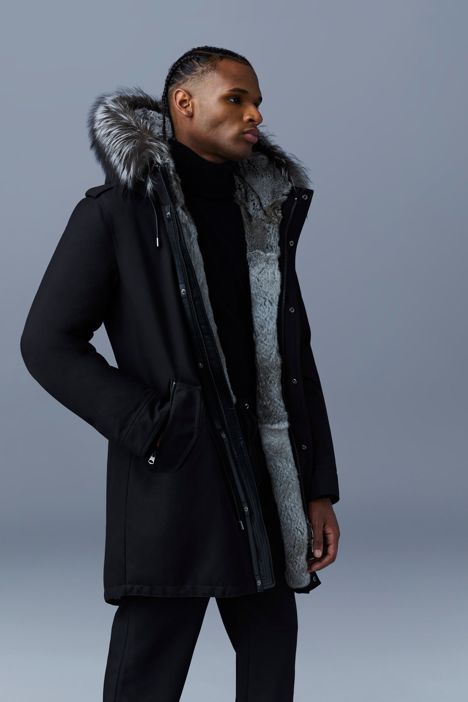 Moritz, Rabbit fur-lined twill parka with removable silver fox fur trim for  men | Mackage® US