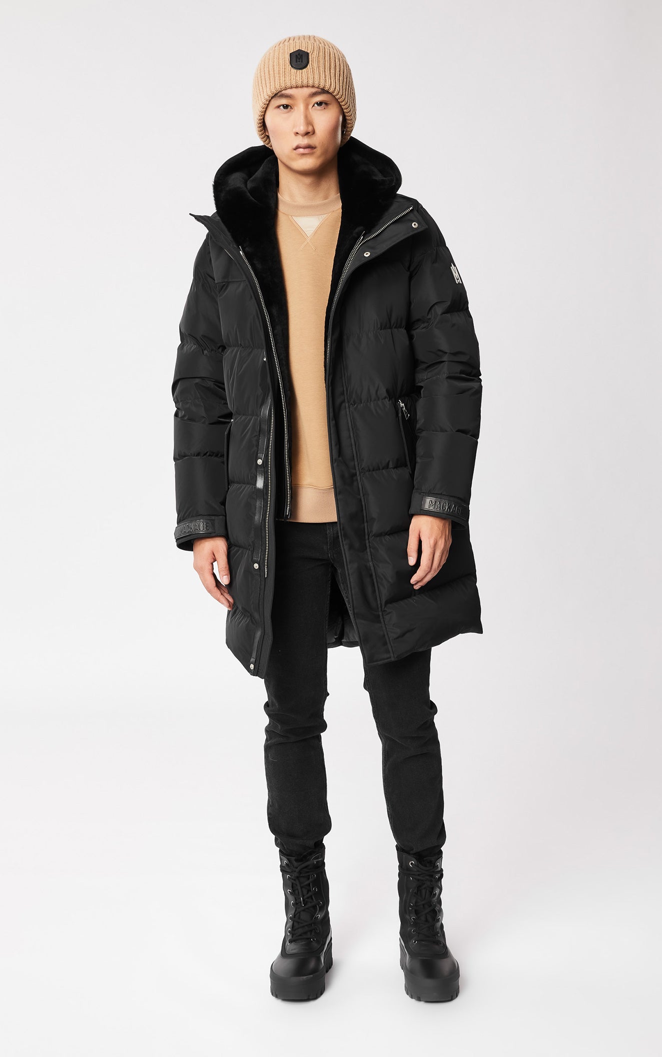 Reynold, Down coat with removable shearling bib and hood for men