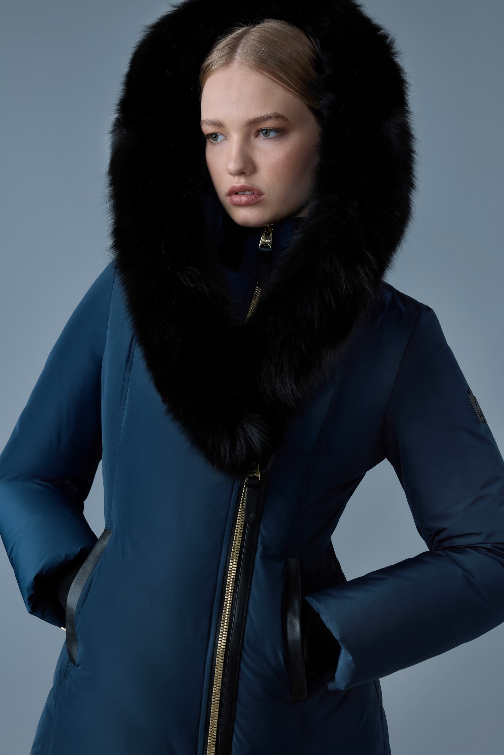 Adali-BX, Down coat with blue fox fur Signature Mackage Collar for