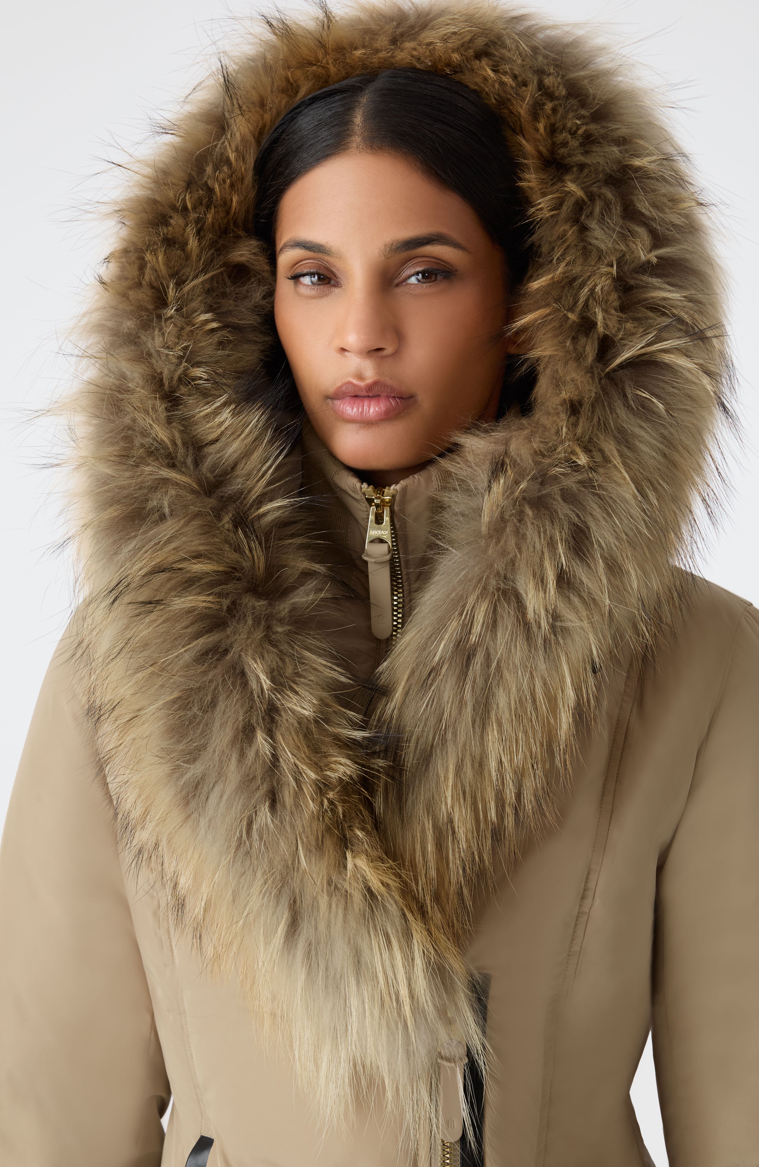 Èaphi ベージュ big collar middle coat コート ADALI-F Down coat with fur for Women | Mackage® US
