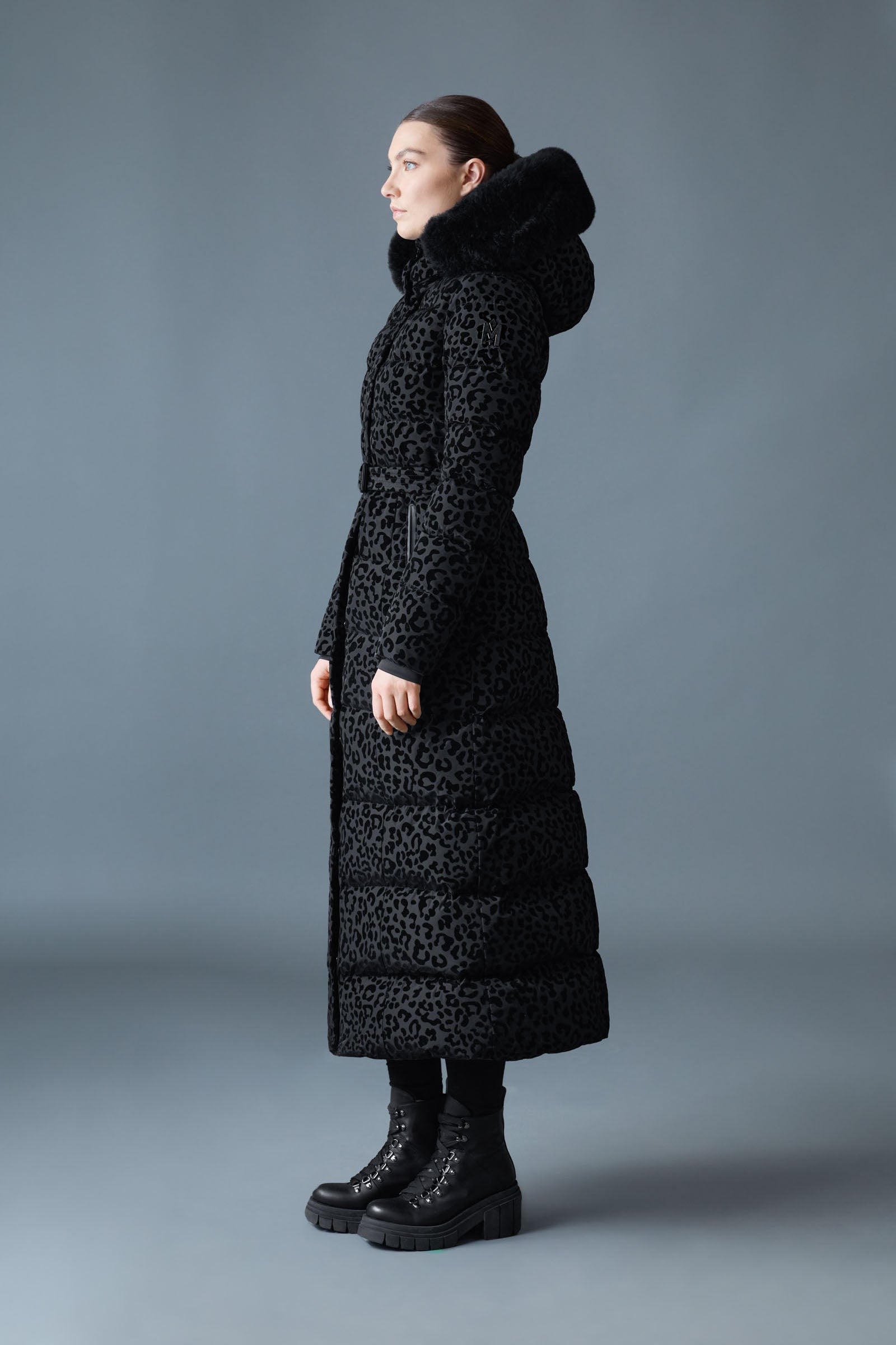 CALINA-FLPZ Down Maxi Coat With Belt and Shearling Hood Trim for