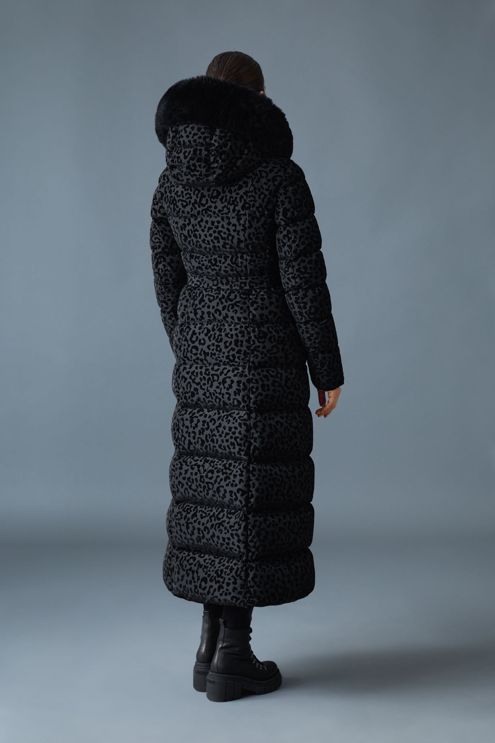 CALINA-FLPZ Down Maxi Coat With Belt and Shearling Hood Trim for