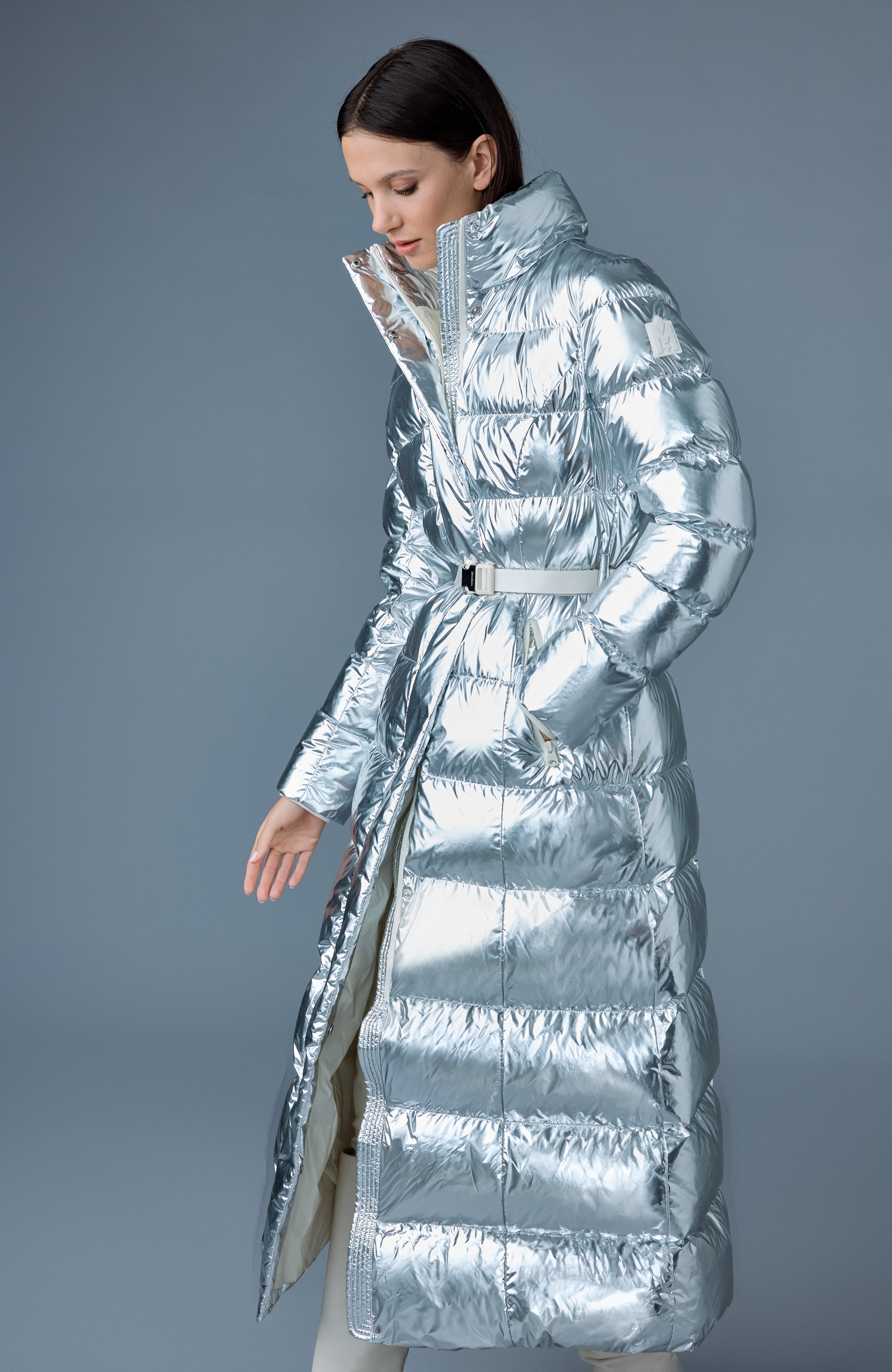 Calina-M, metallic laminate down maxi coat | Mackage® US
