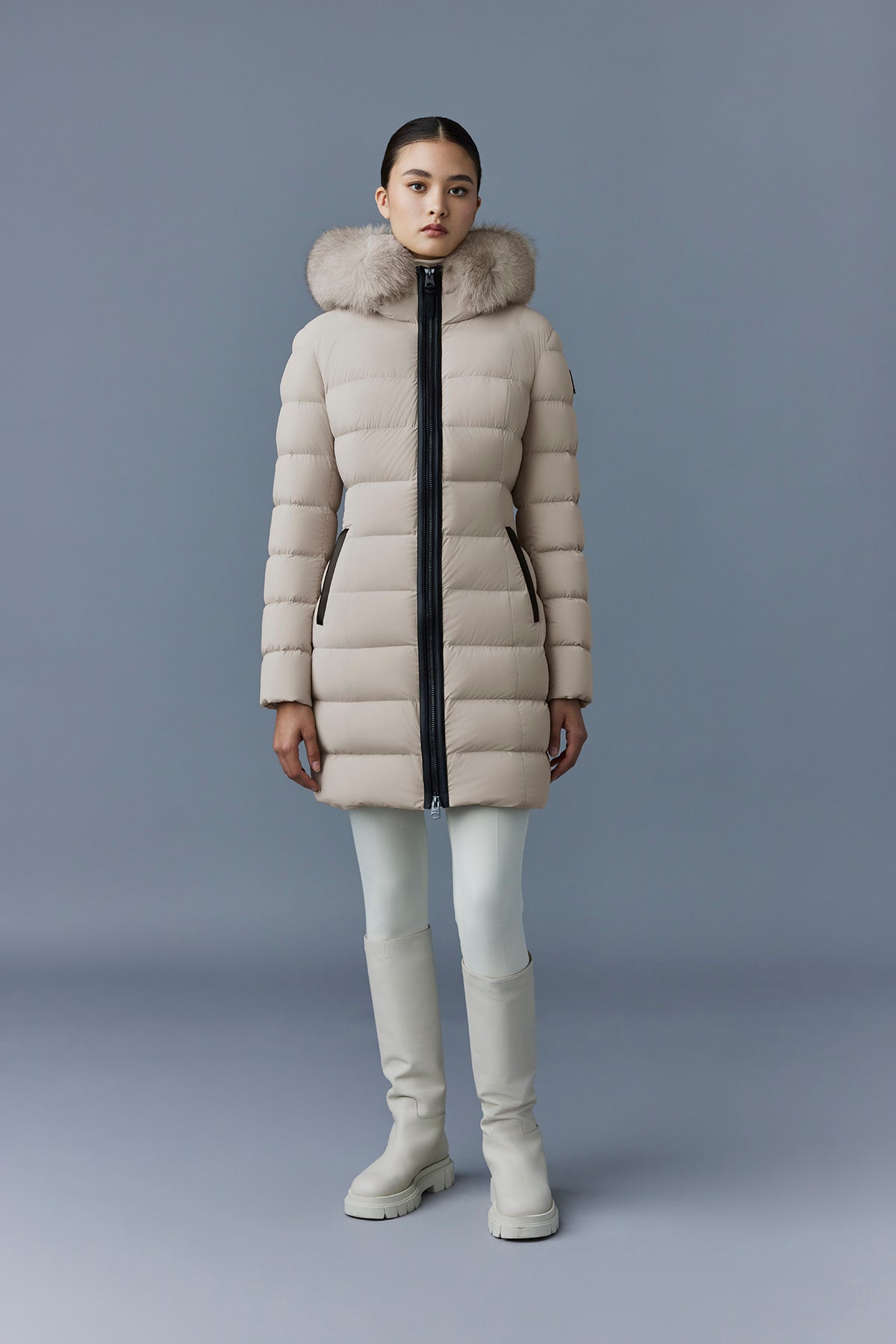 Calla, Agile-360 stretch light down coat with blue fox fur