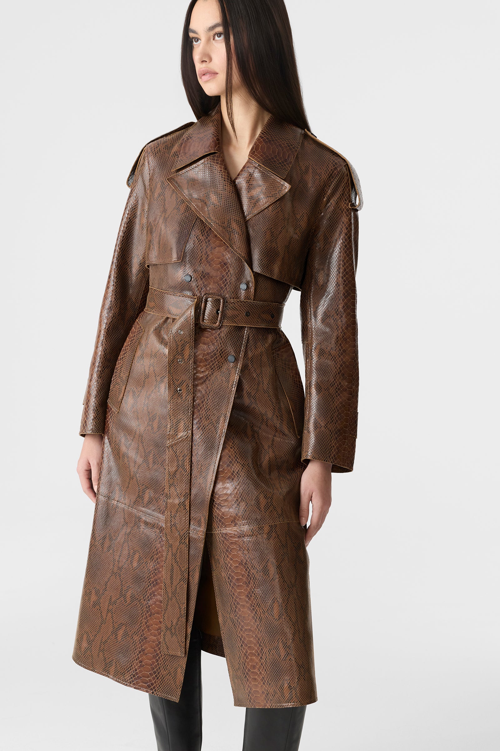 CARMELA-SNK Snake Pattern Leather Trench for Women | Mackage® US