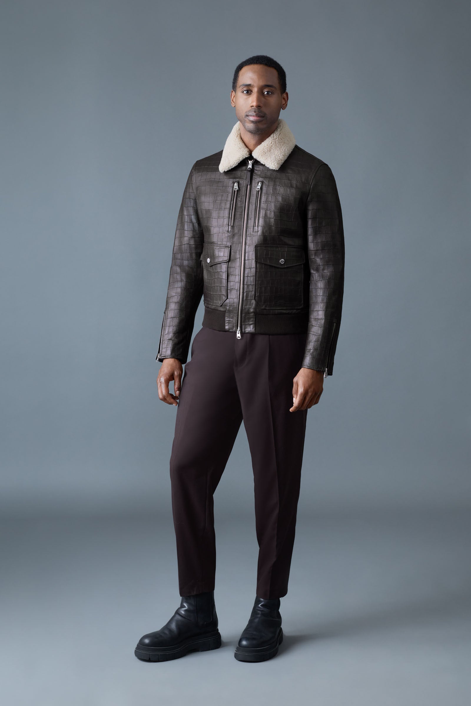 Mackage CHANCE-NV Croc-embossed Leather Jacket With Shearling Collar