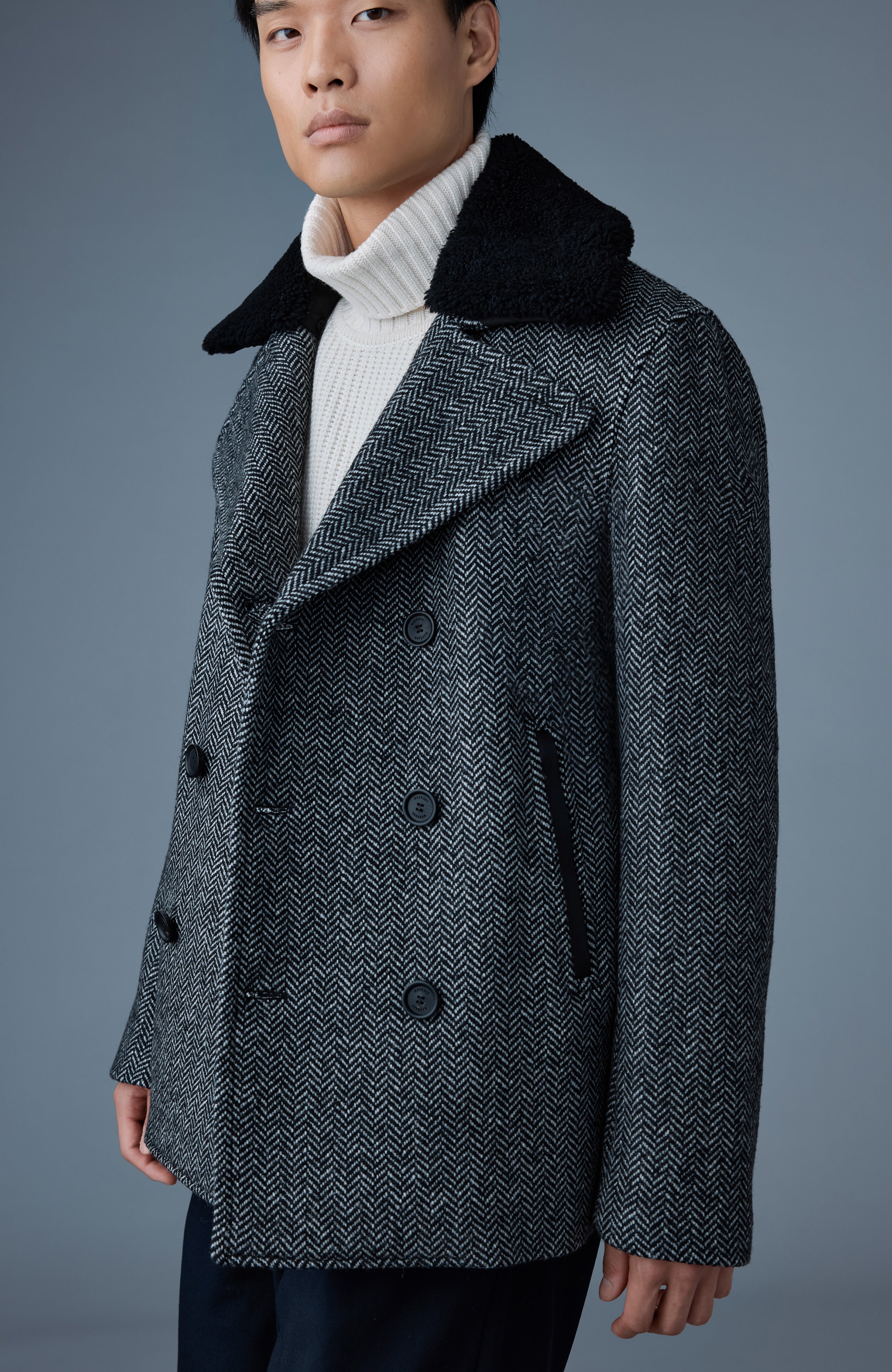 Cole-HB, wool herringbone jacket with shearling collar | Mackage® US