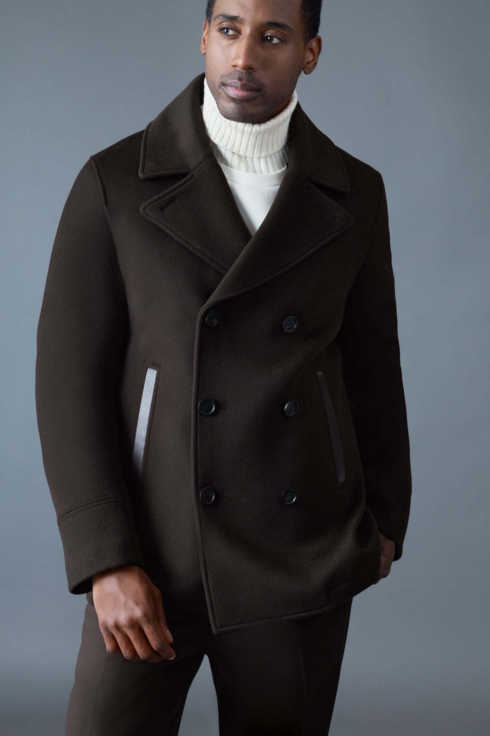 ジャケット・アウター 2way high neck pea coat Cole, wool double-breasted jacket with shearling collar | Mackage® US