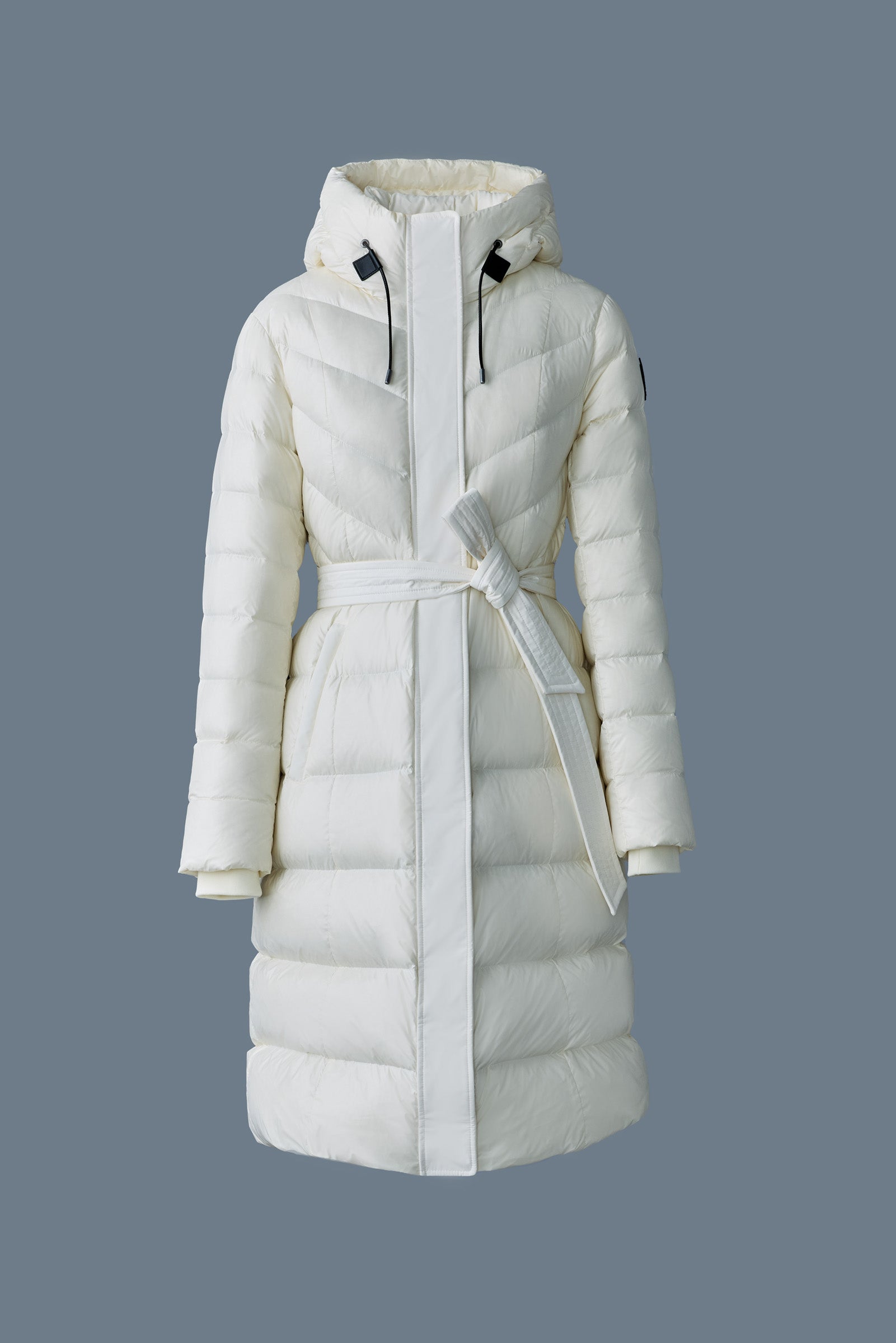 Coralia, Down coat with hood and sash belt for ladies
