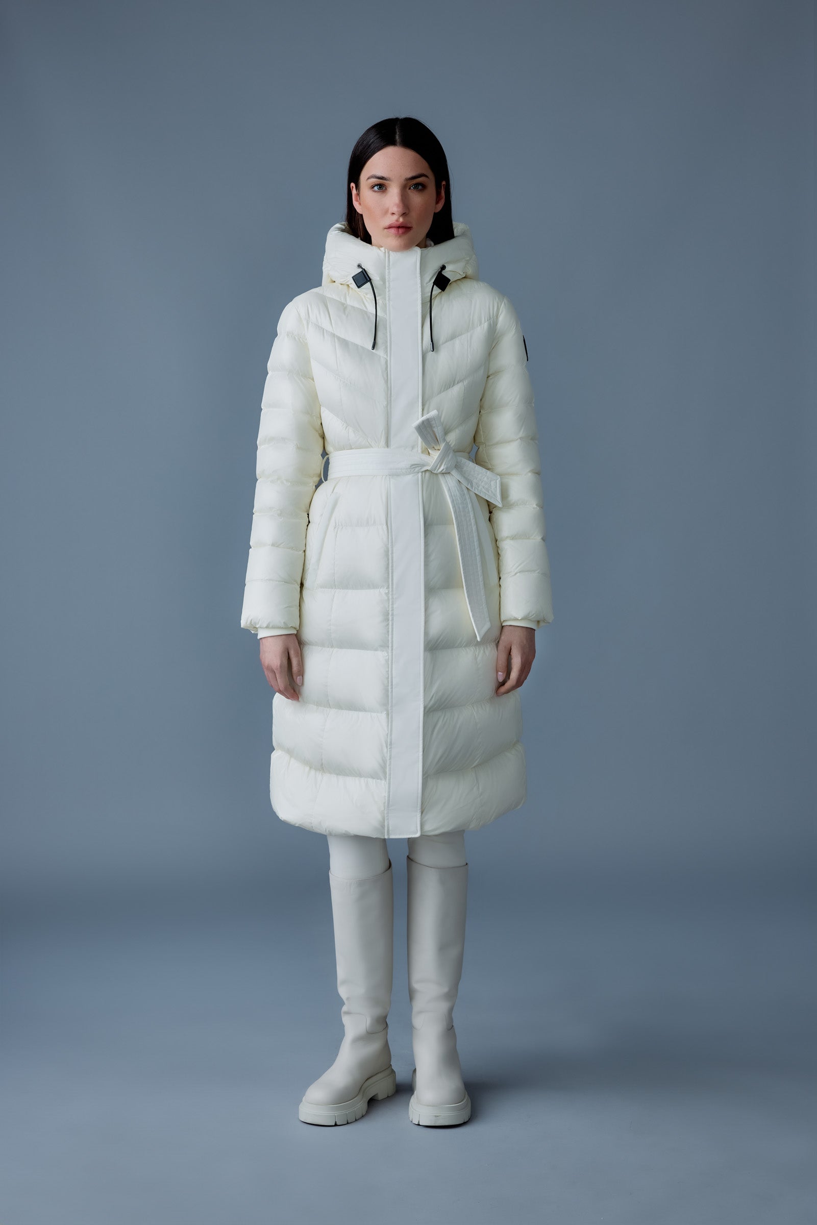 Coralia, Down coat with hood and sash belt for ladies Coralia, Down coat with hood and sash belt for ladies