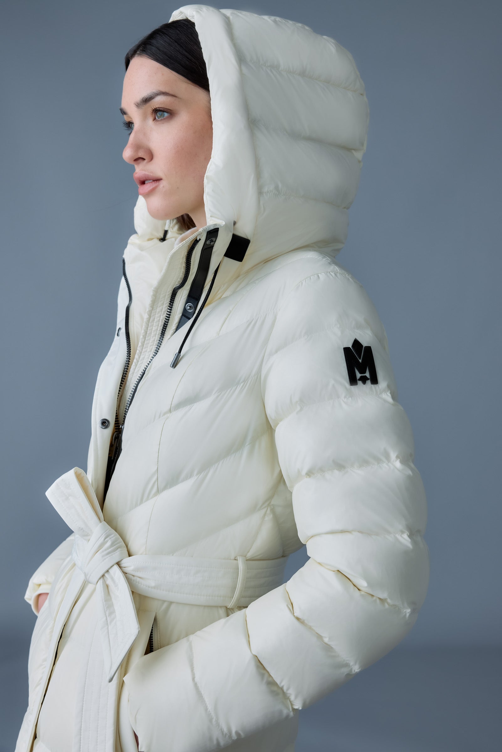 Coralia, Down coat with hood and sash belt for ladies Coralia, Down coat with hood and sash belt for ladies