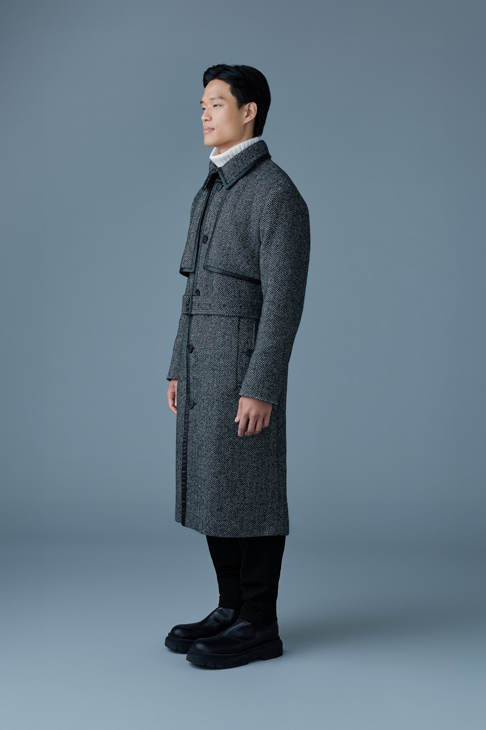 Corbin-HB, herringbone wool trench coat with leather detail
