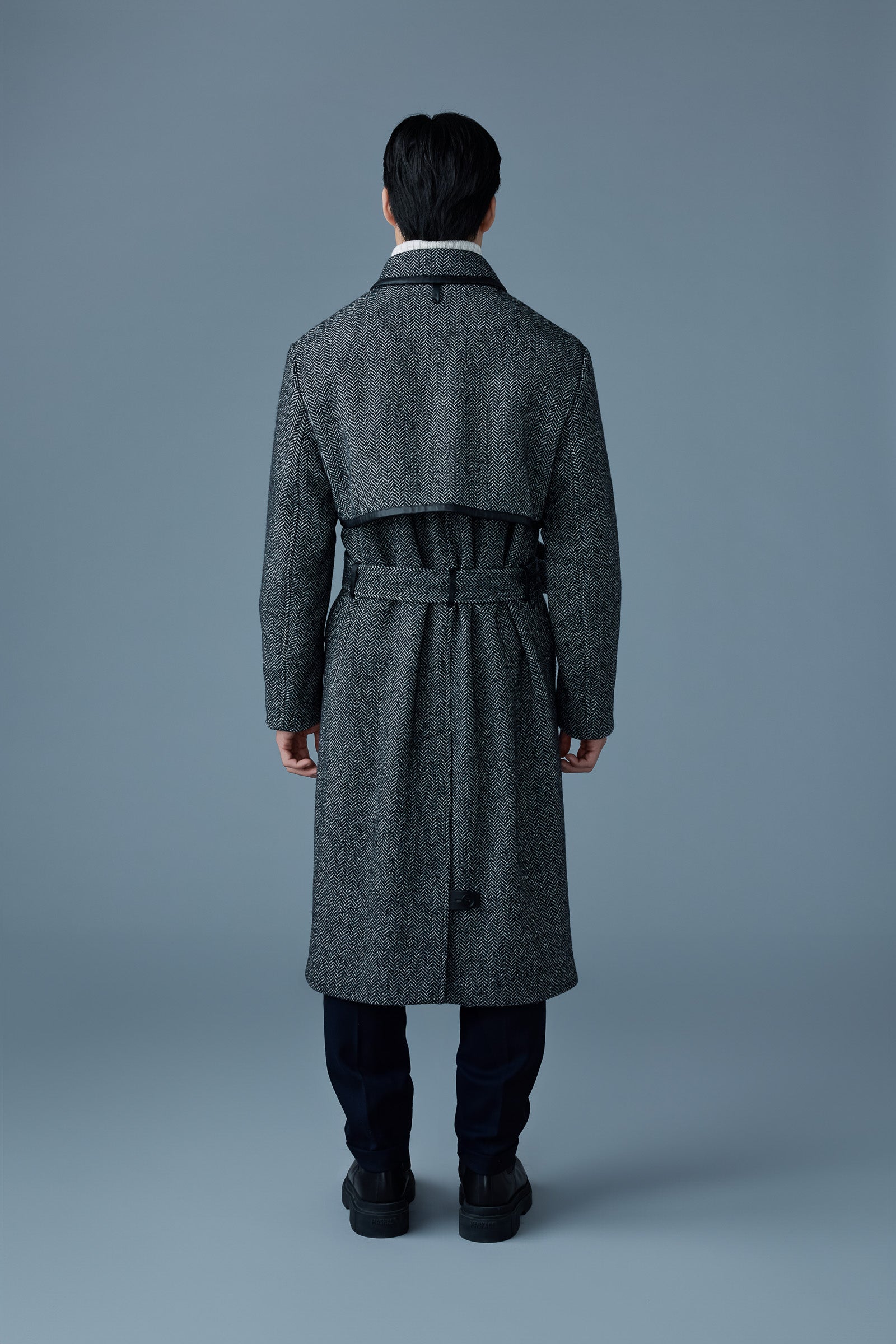 Corbin-HB, herringbone wool trench coat with leather detail