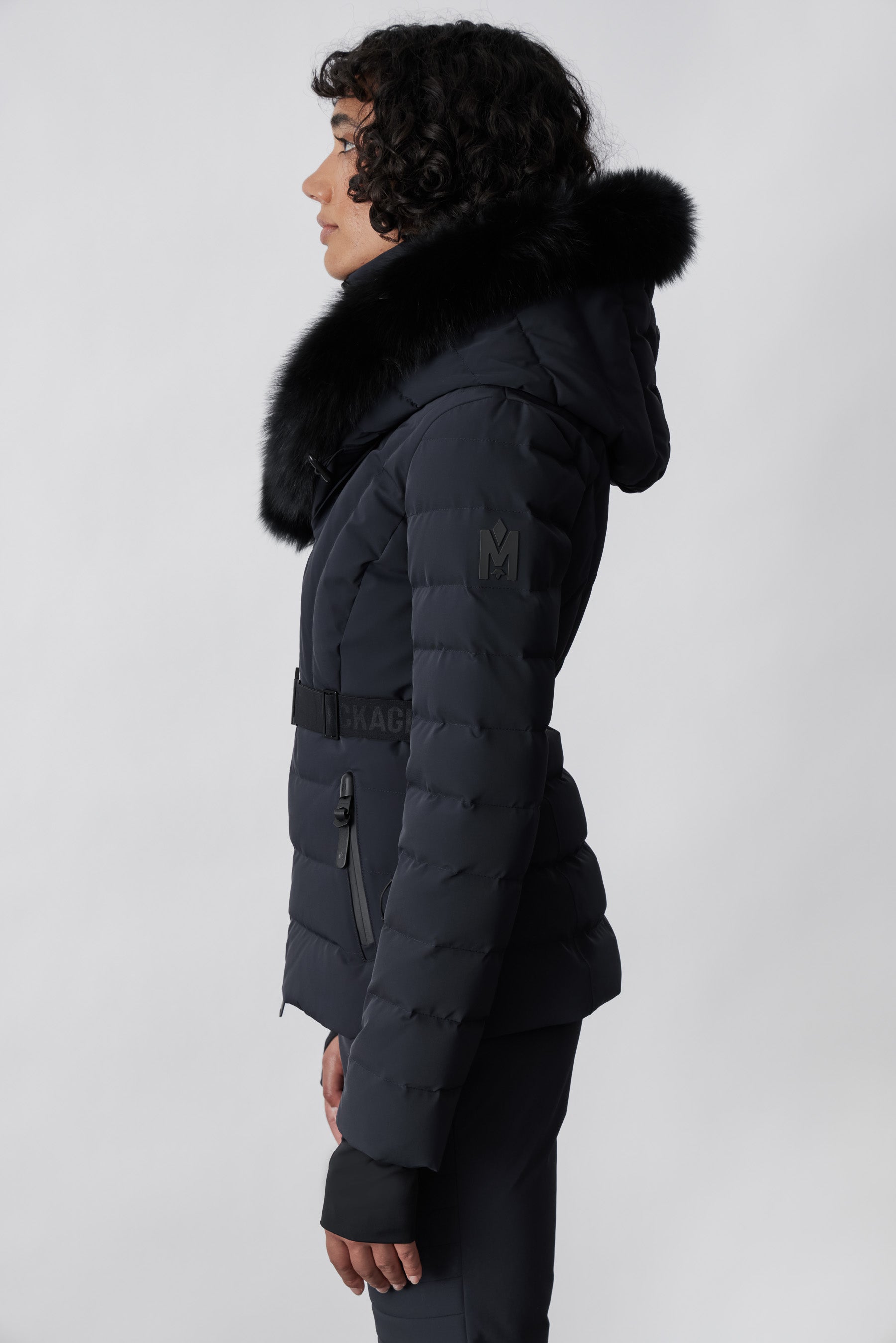 Elita, Down ski jacket with removable blue fox fur trim for