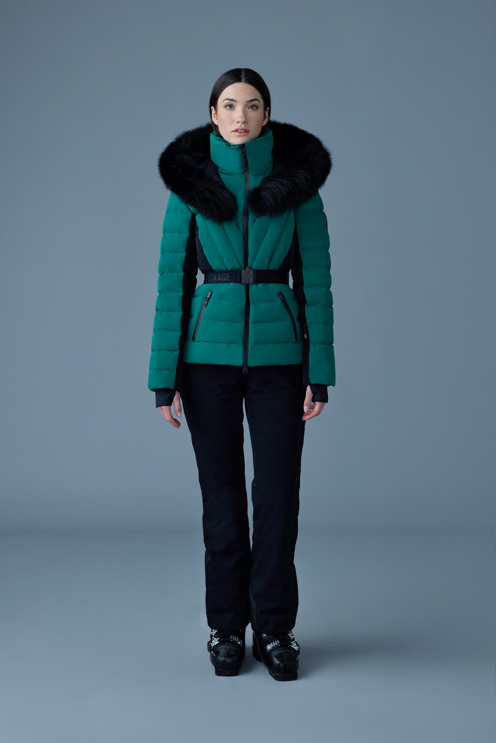 Elita, Down ski jacket with removable blue fox fur trim for ladies