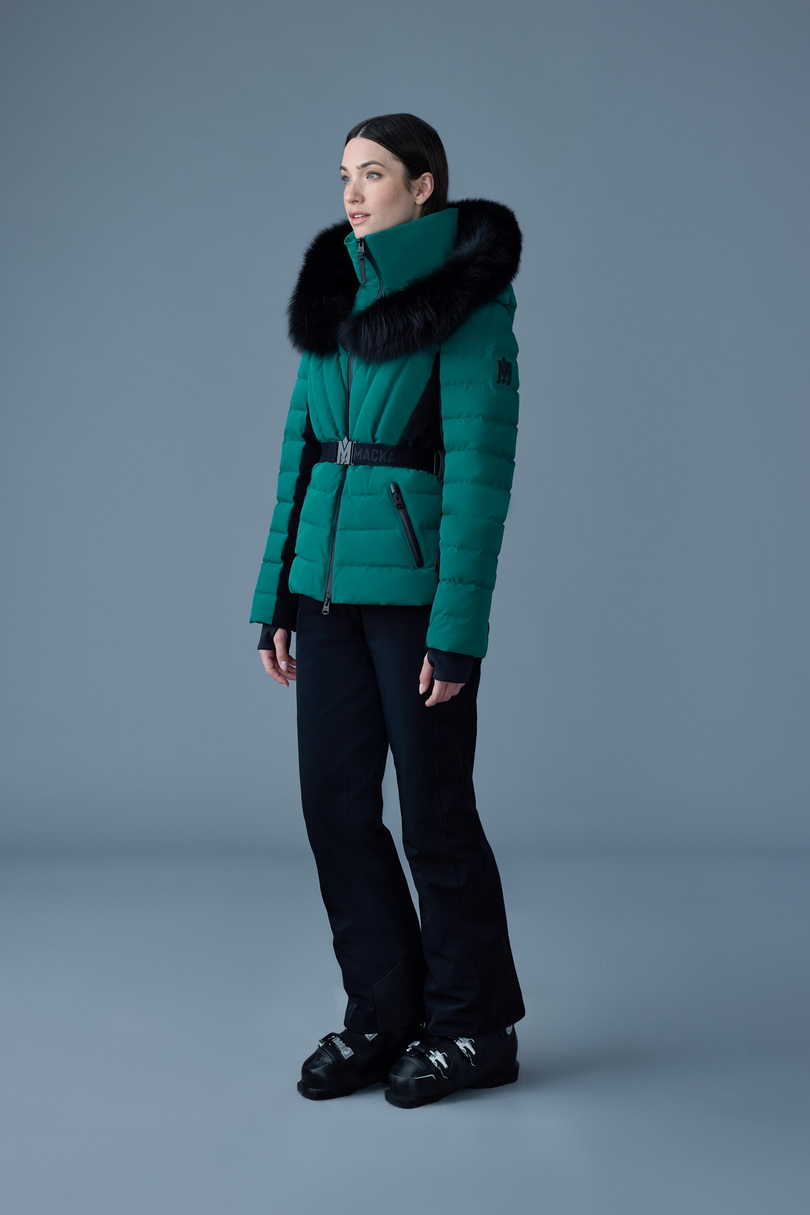 Elita, Down ski jacket with removable blue fox fur trim for