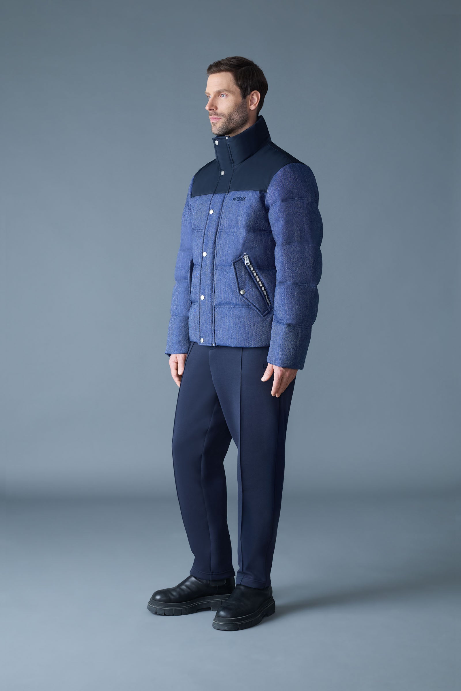 EVERETT-DNM Denim Down Jacket with Stand Collar for Men | Mackage US