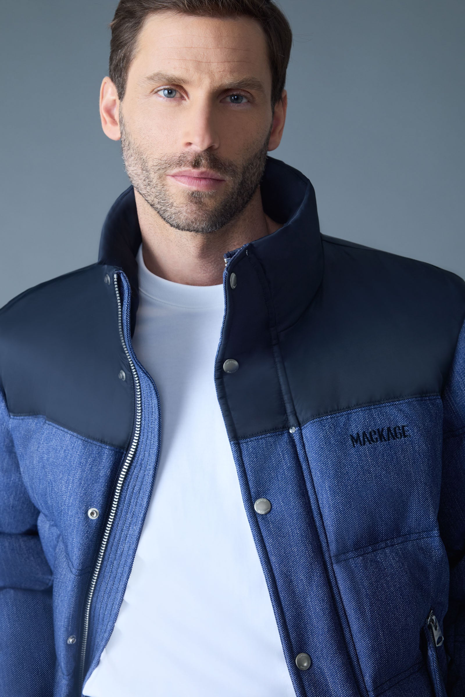 EVERETT-DNM Denim Down Jacket with Stand Collar for Men | Mackage US