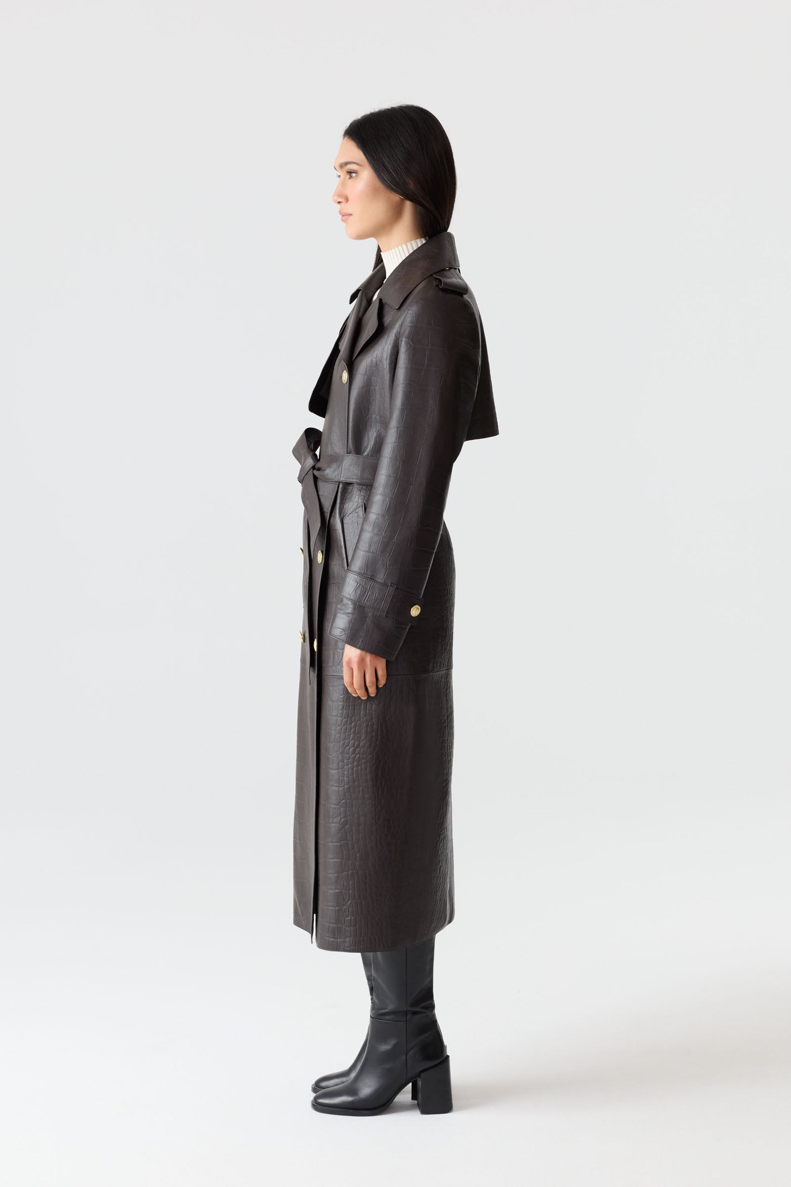 GAEL-NV Croc-Embossed Maxi Leather Trench Coat for Women | Mackage® US