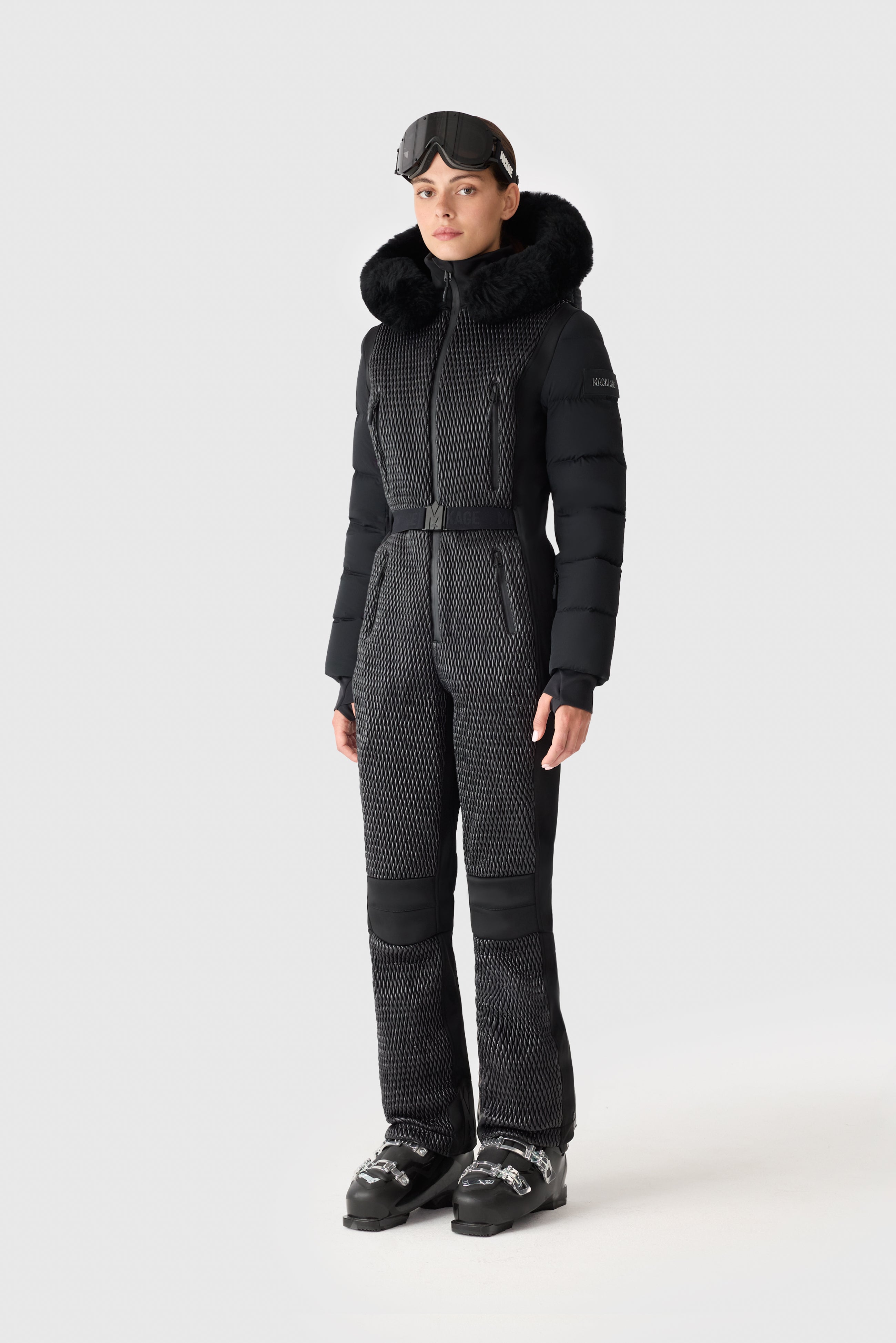 LORELLE Belted Down Ski Suit With Removable Shearling-Trimmed Hood