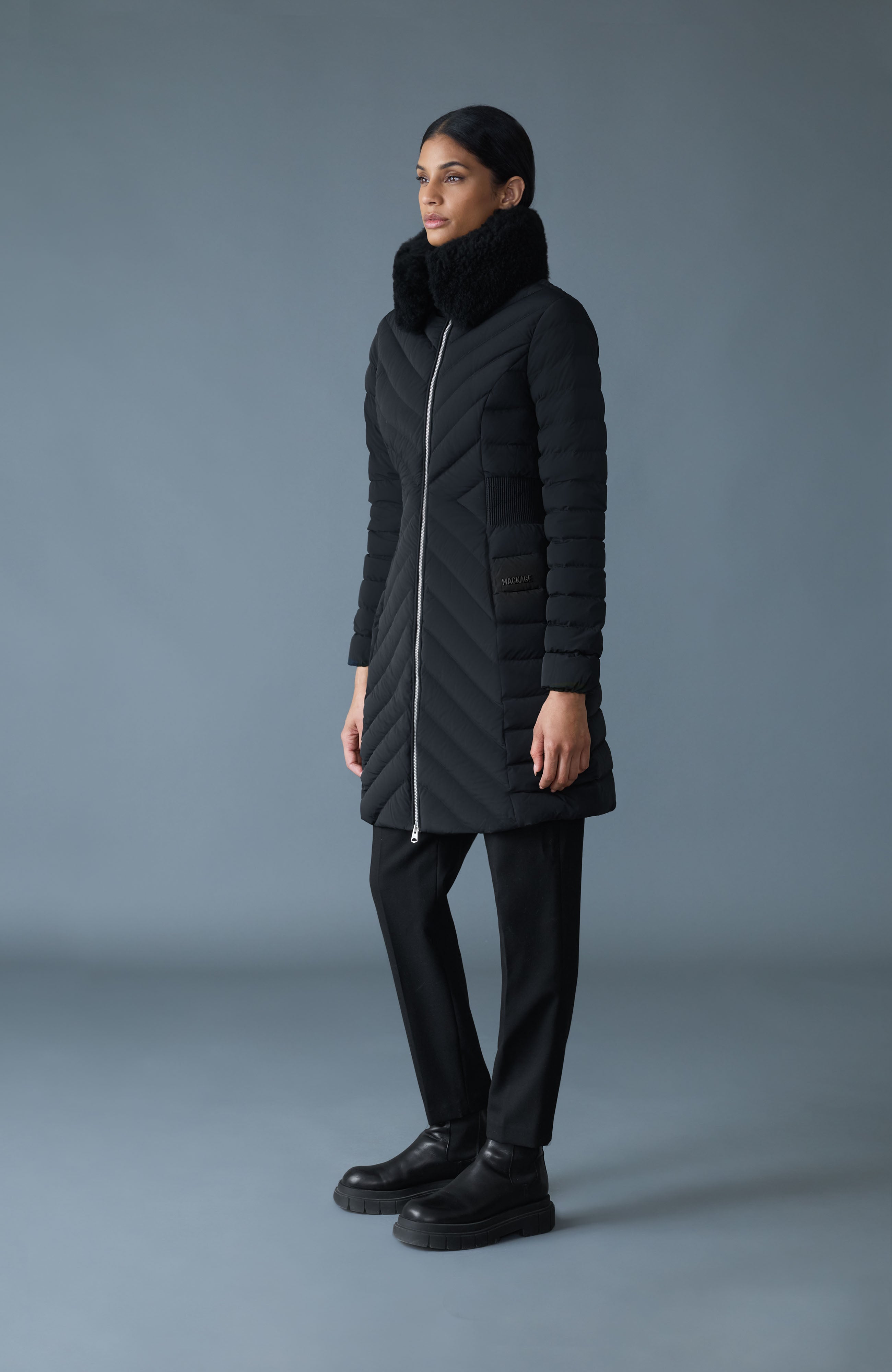 LYRIS Quilted Down Coat with Removable Shearling Collar for Women