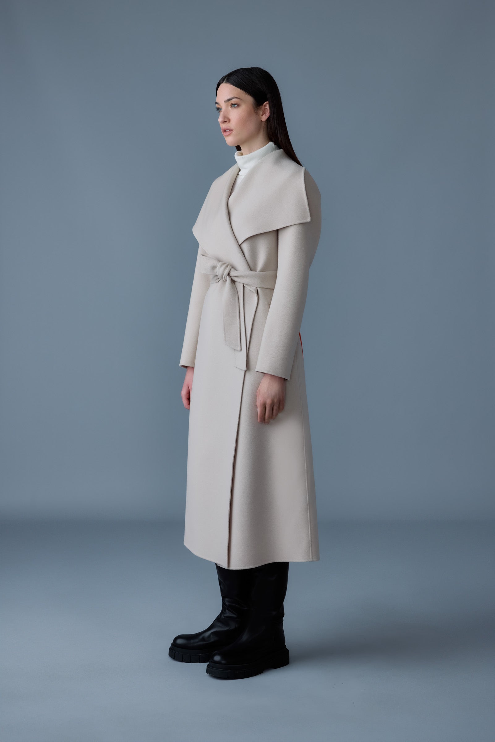 Mai-LST, double-face wool stripe wrap coat | Mackage® US
