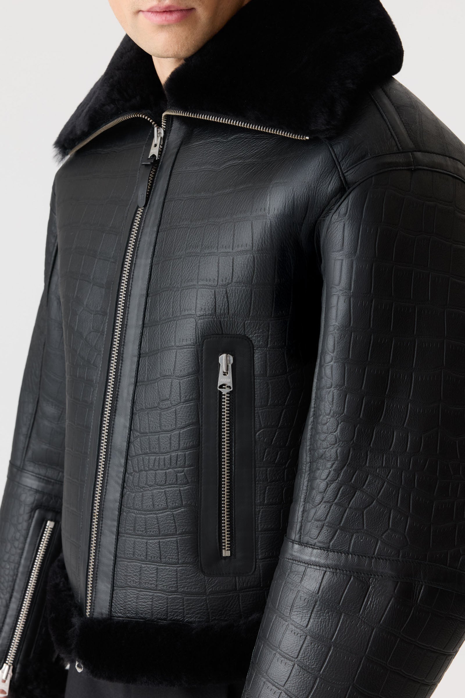 MEMPHIS Croc Embossed Oversized Shearling Jacket for Men | Mackage® US