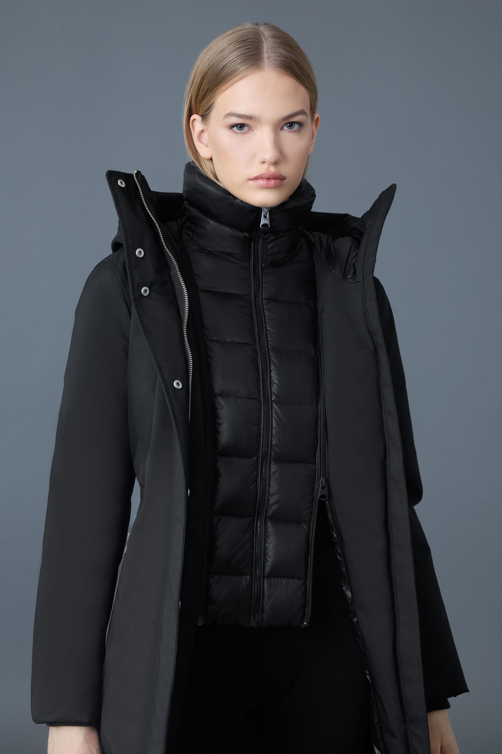 Shiloh-X, 2-in-1 fitted down coat with removable bib and