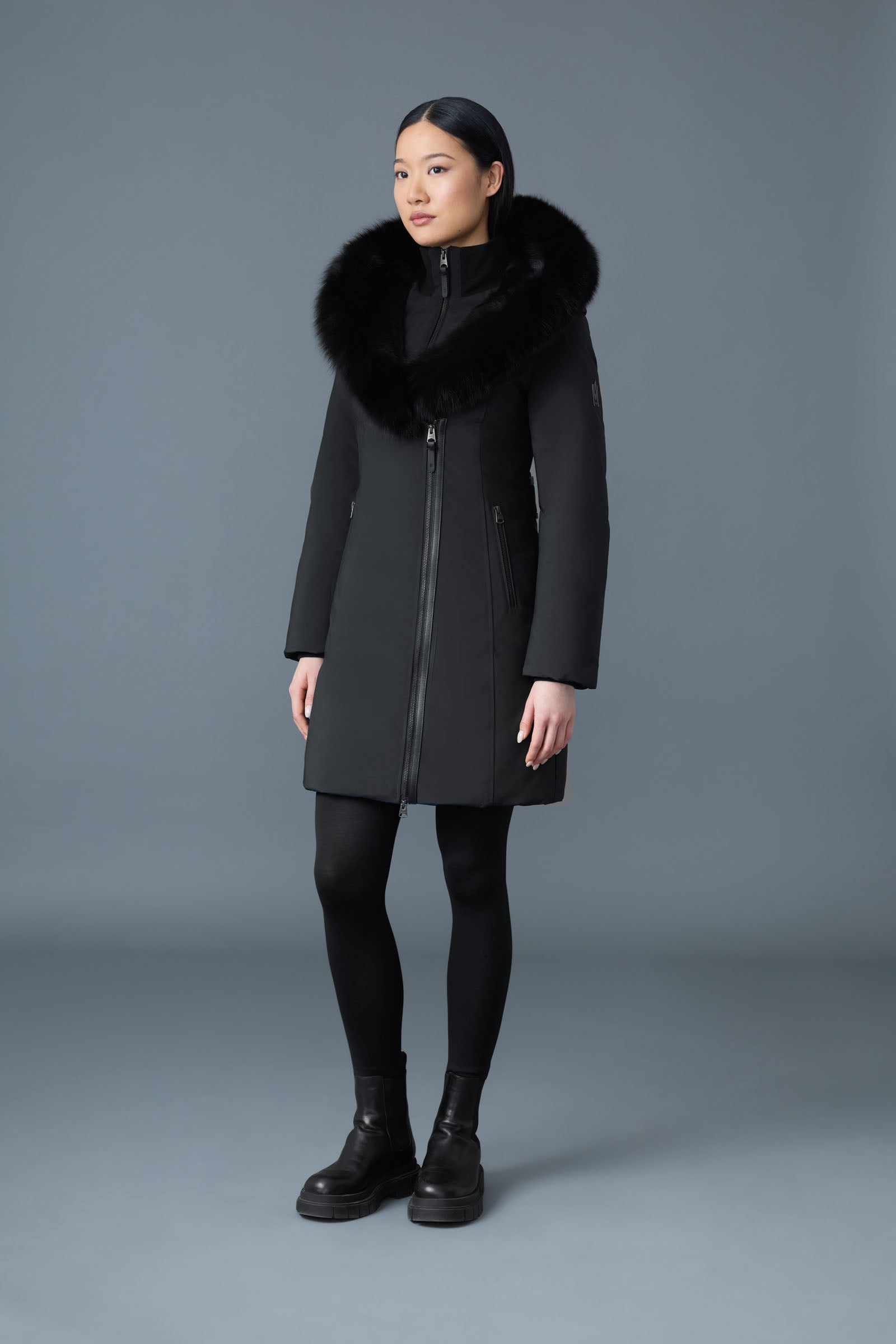 TRISH-BX Powder Touch Down coat with blue fur for Women | Mackage® US