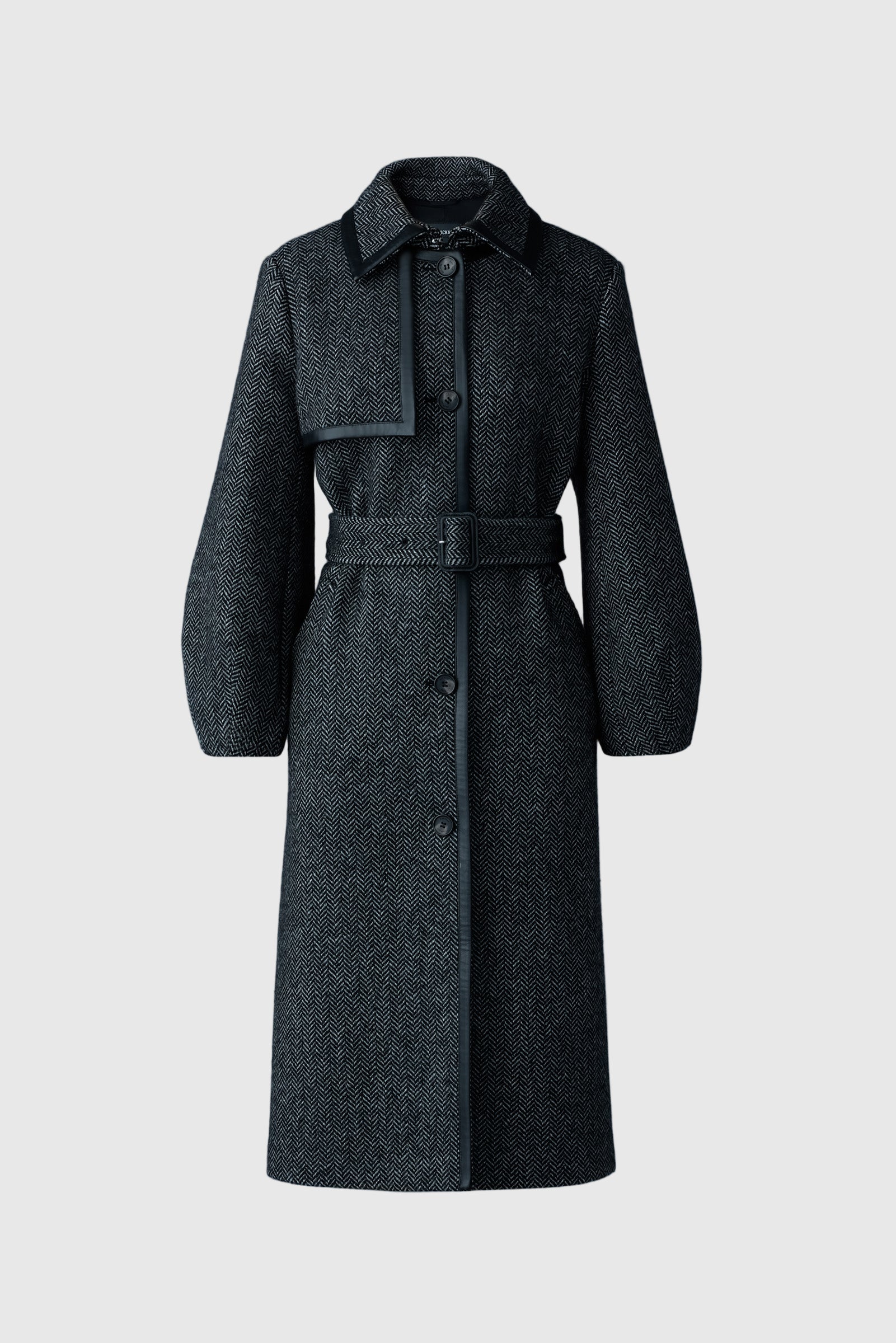 Zeva-HB, long wool herringbone trench with leather detail