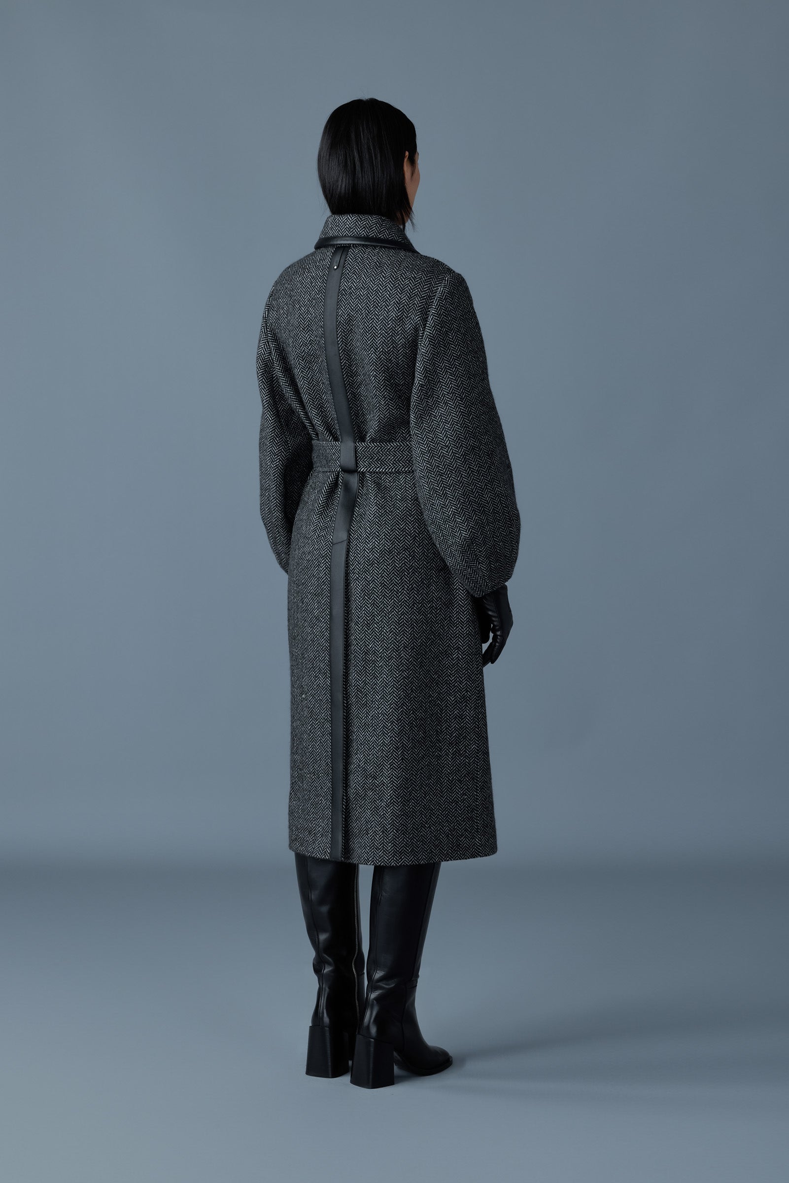 Zeva-HB, long wool herringbone trench with leather detail