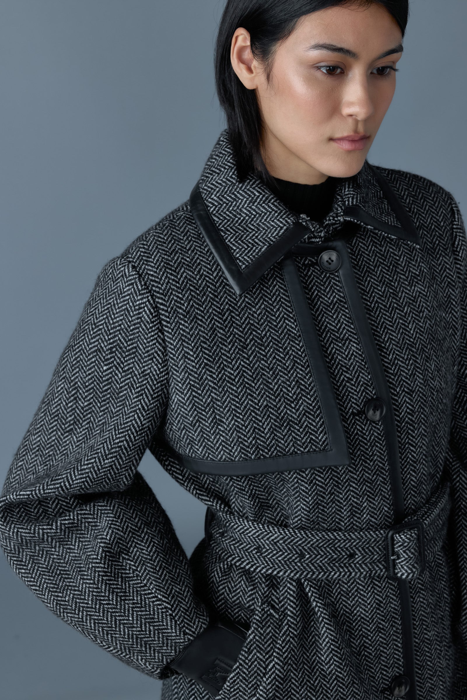 Zeva-HB, long wool herringbone trench with leather detail