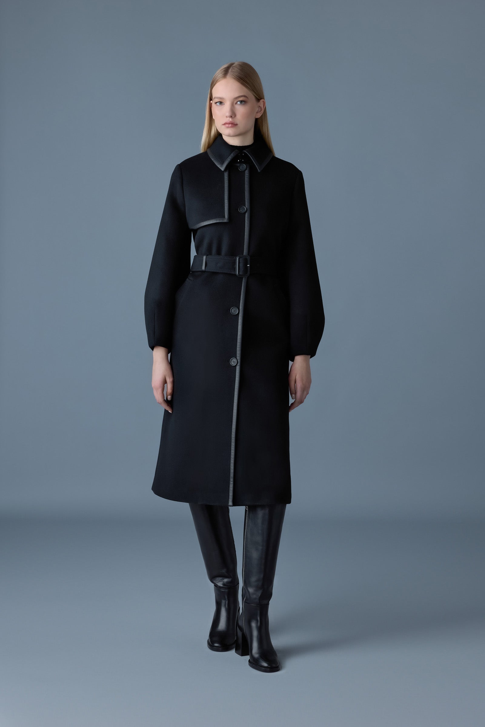 Zeva, long wool balloon sleeve trench with leather detail