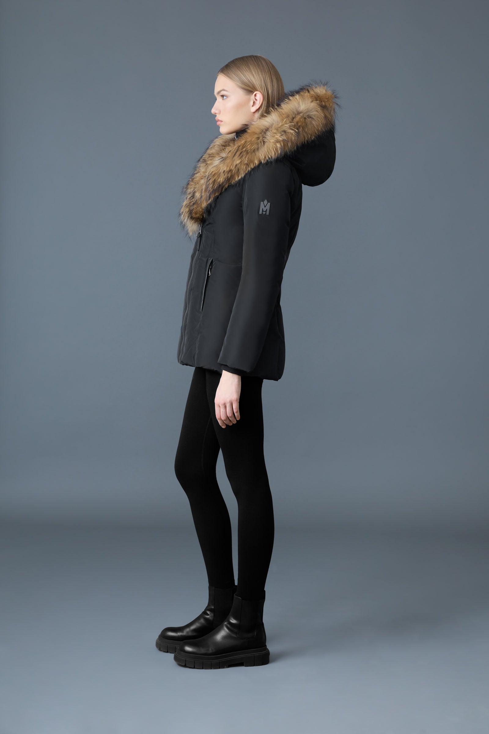 Adali-F, Down coat with natural fur Signature Mackage Collar