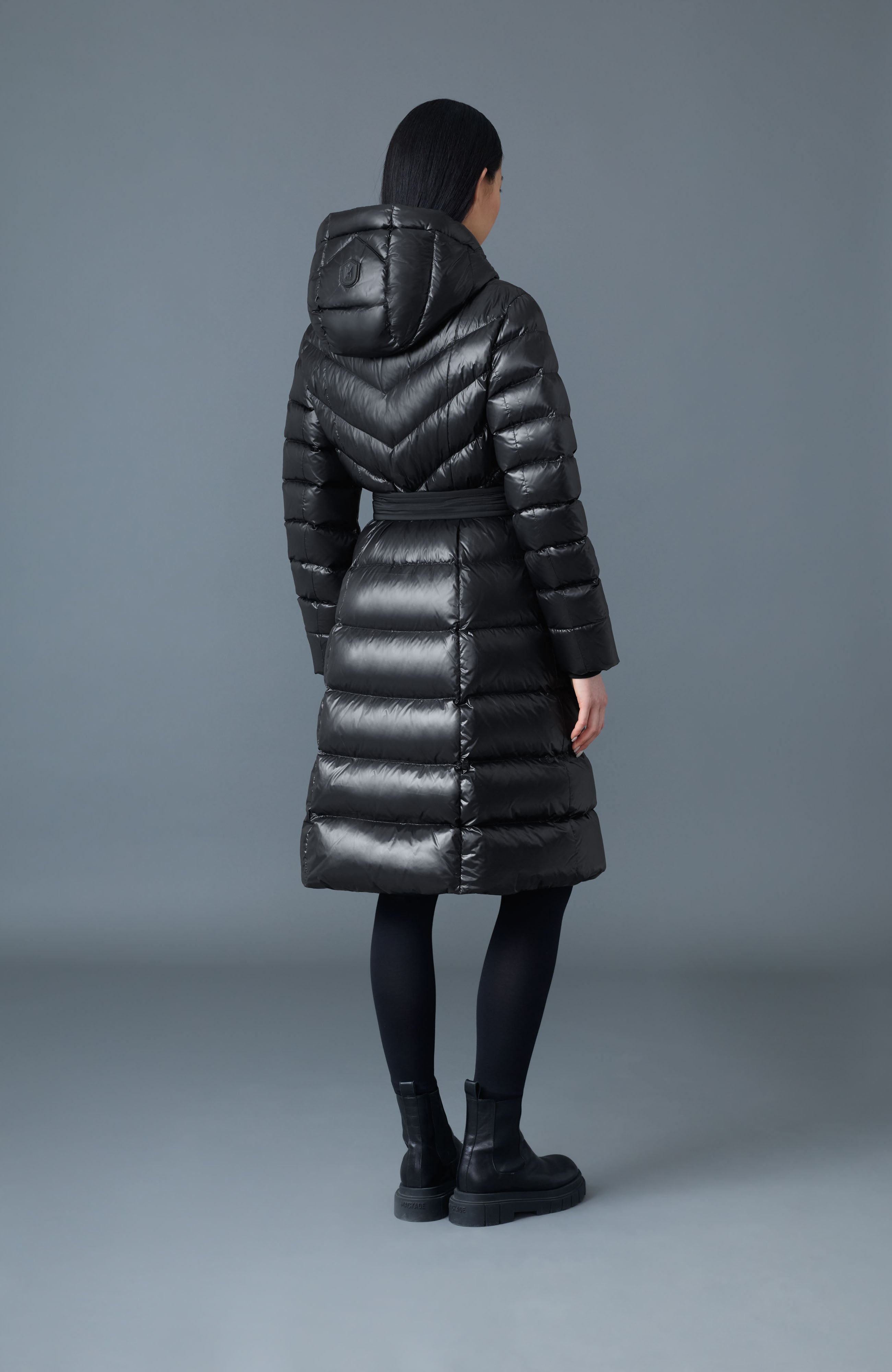 Coralia, Down coat with hood and sash belt for ladies