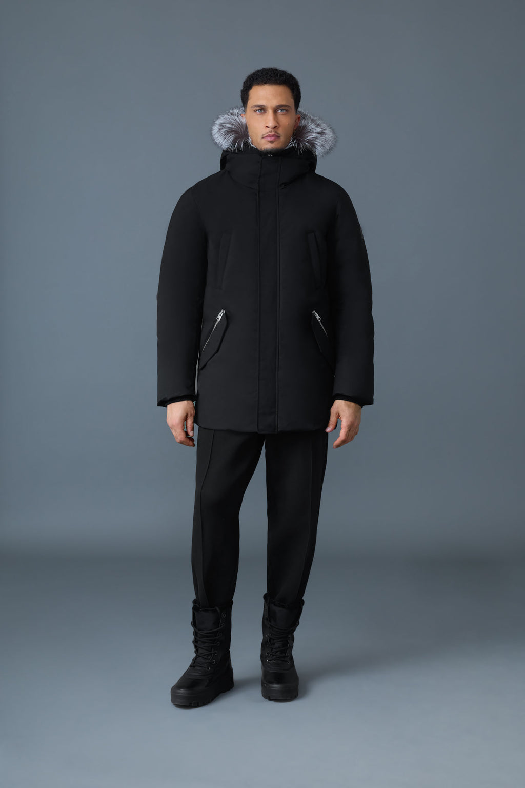 Edward, 2-in-1 down parka with hooded bib and silver fox fur
