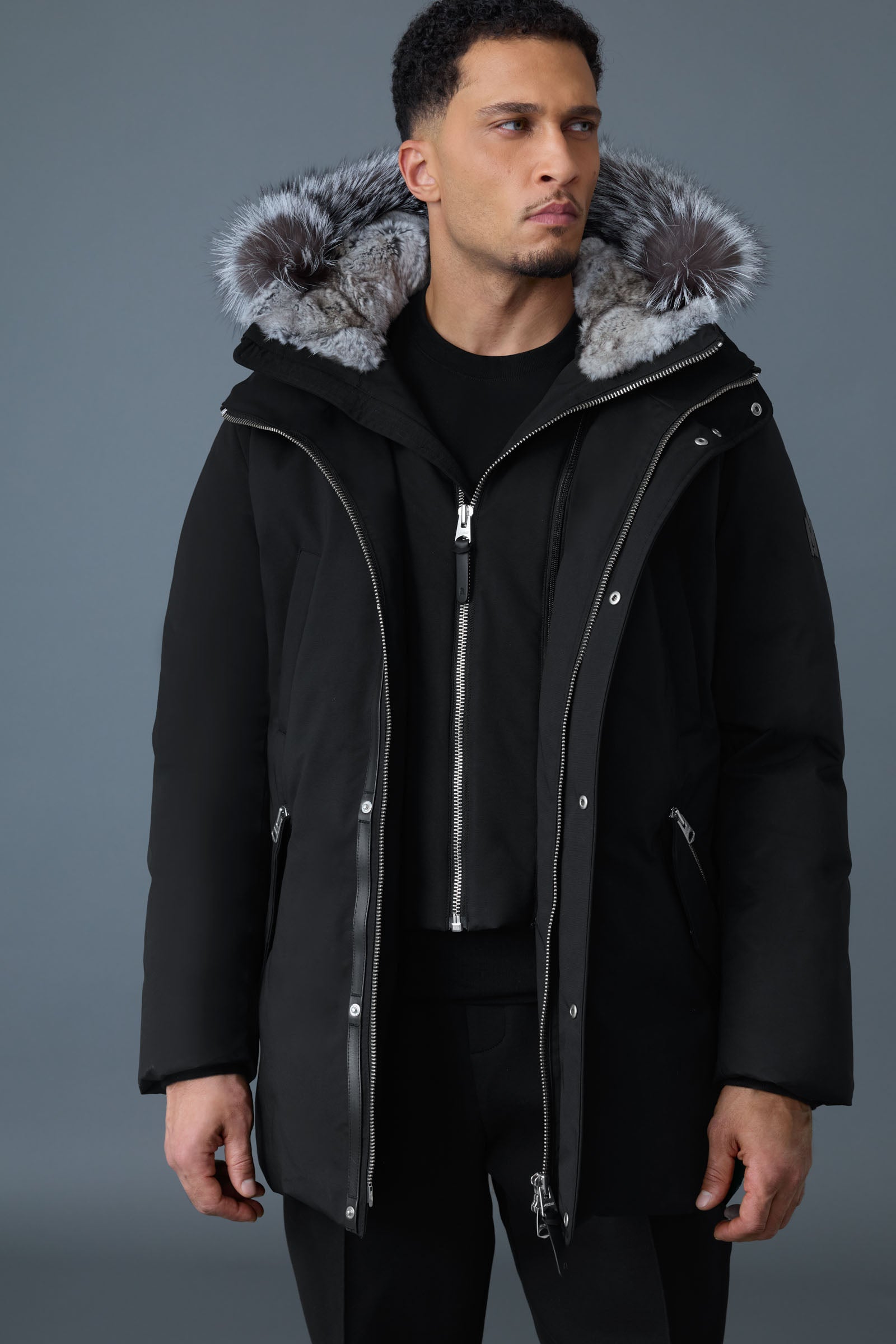Edward-X, 2-in-1 down parka with hooded bib and silver fox fur for