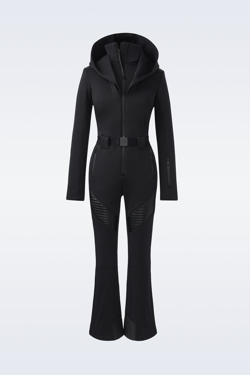 Elle, Agile-360 down ski suit with removable hood and shearling trim ...