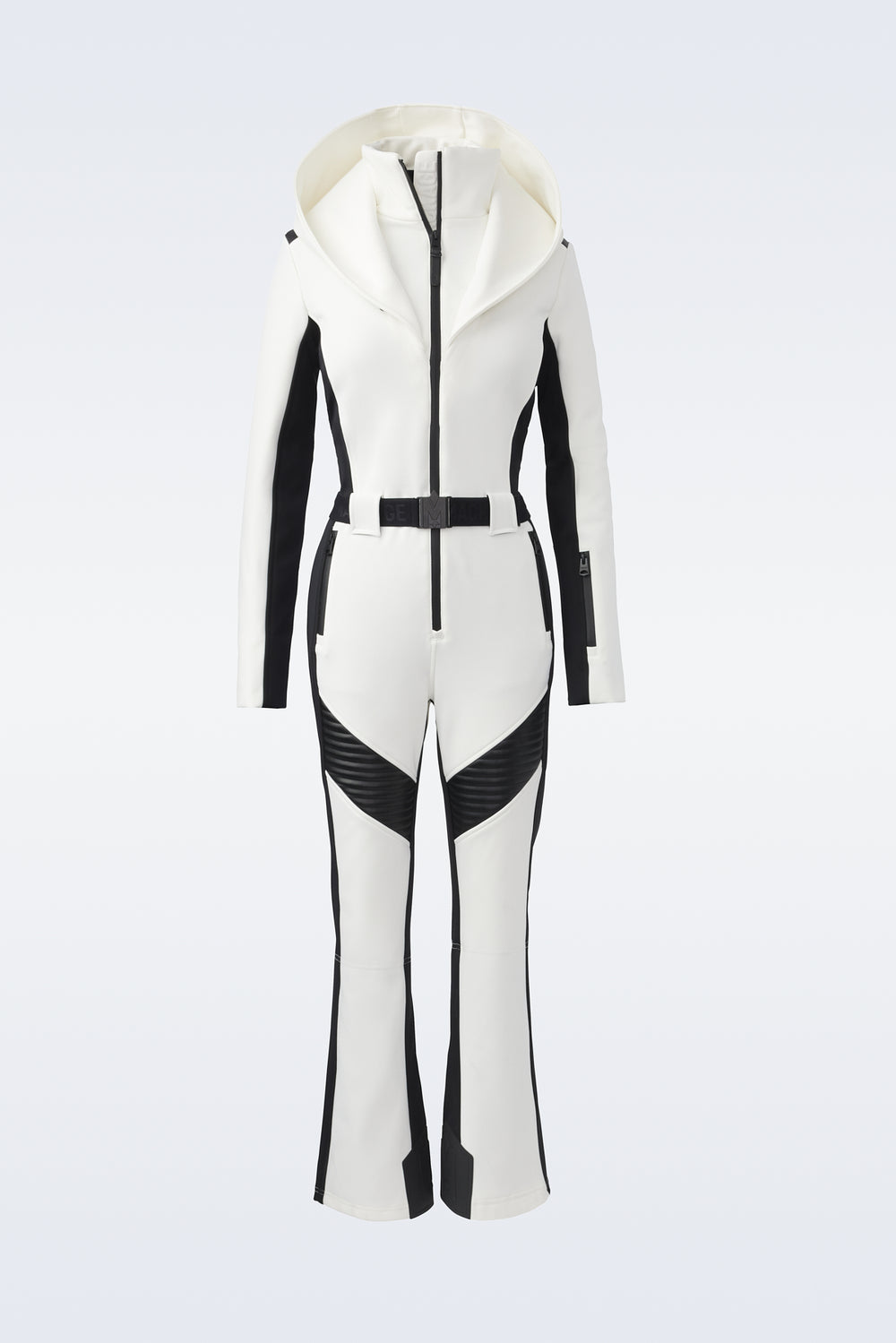 Elle, Agile-360 down ski suit with removable hood and shearling trim ...