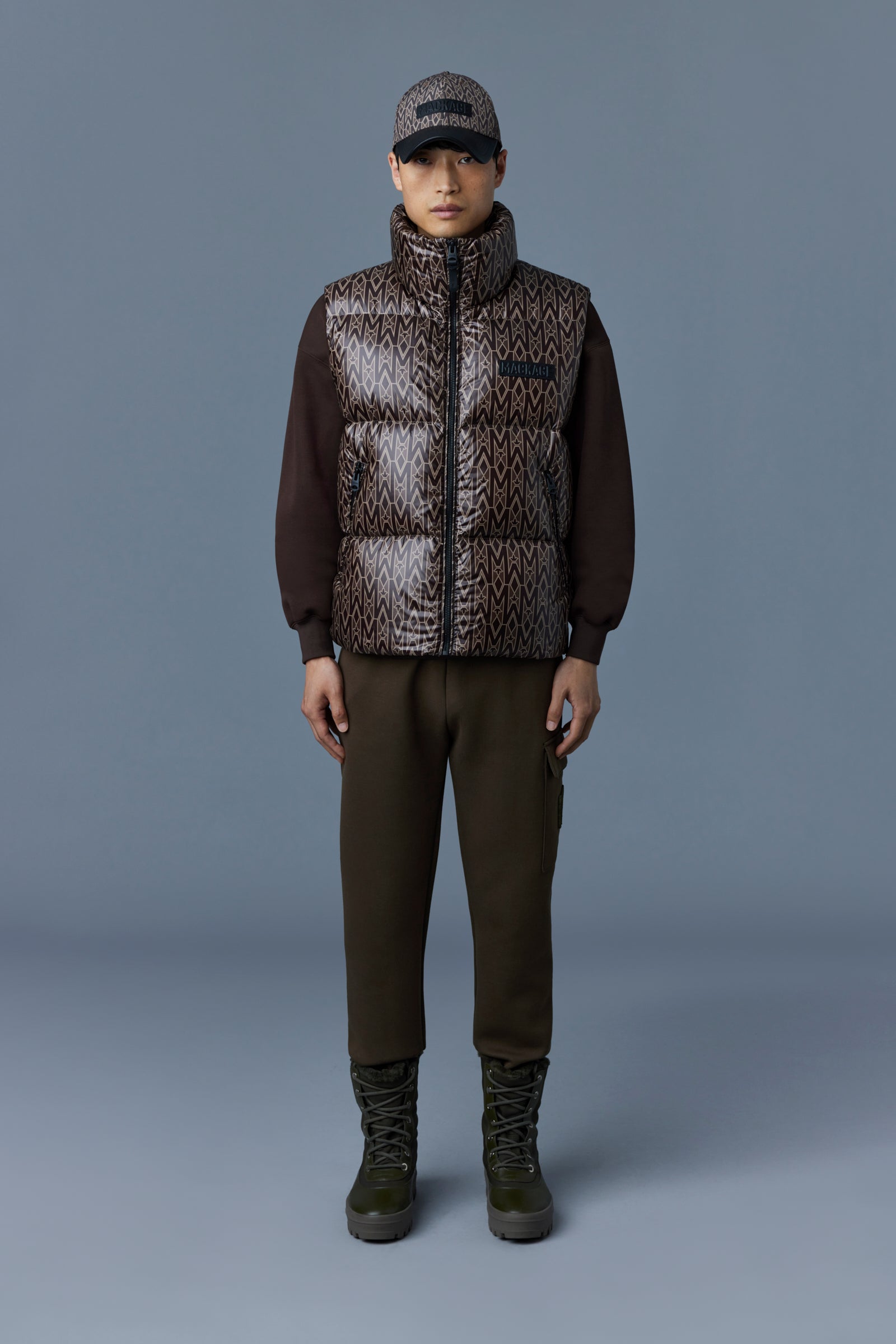 Kane Recycled down vest with funnel collar and monogram print for men Mackage US