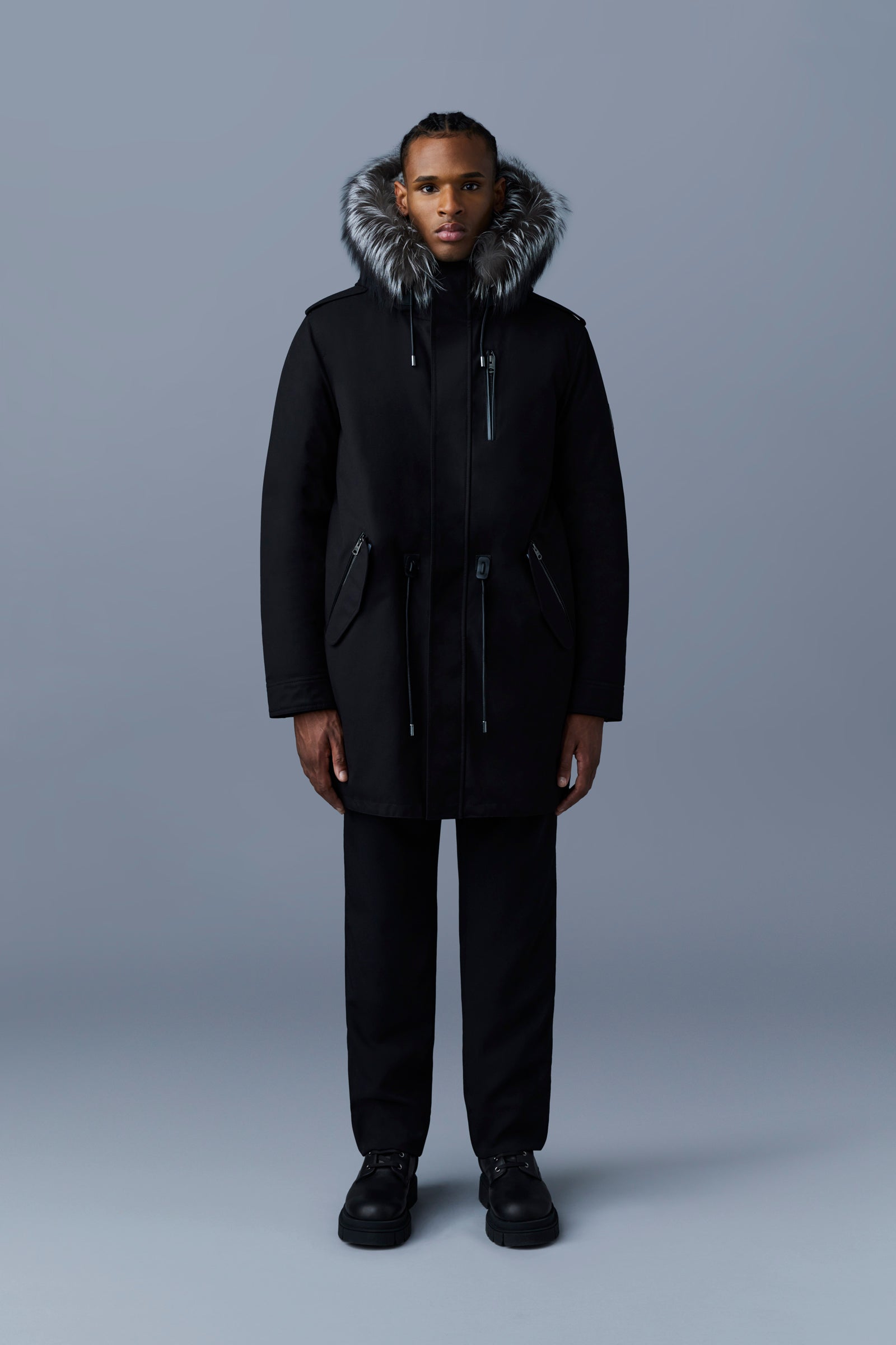 Moritz, Rabbit fur-lined twill parka with removable silver fox fur trim for  men | Mackage® US