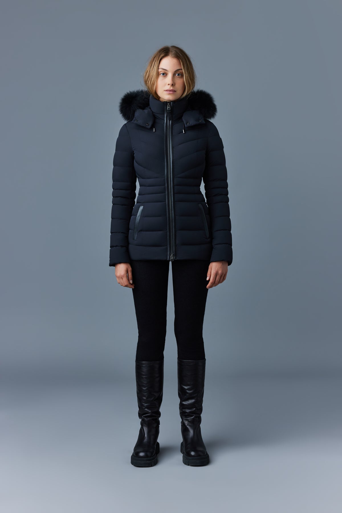 MACKAGE レディースダウンBLACK Patsy-BX, Agile 360 down jacket with blue fox fur for ladies