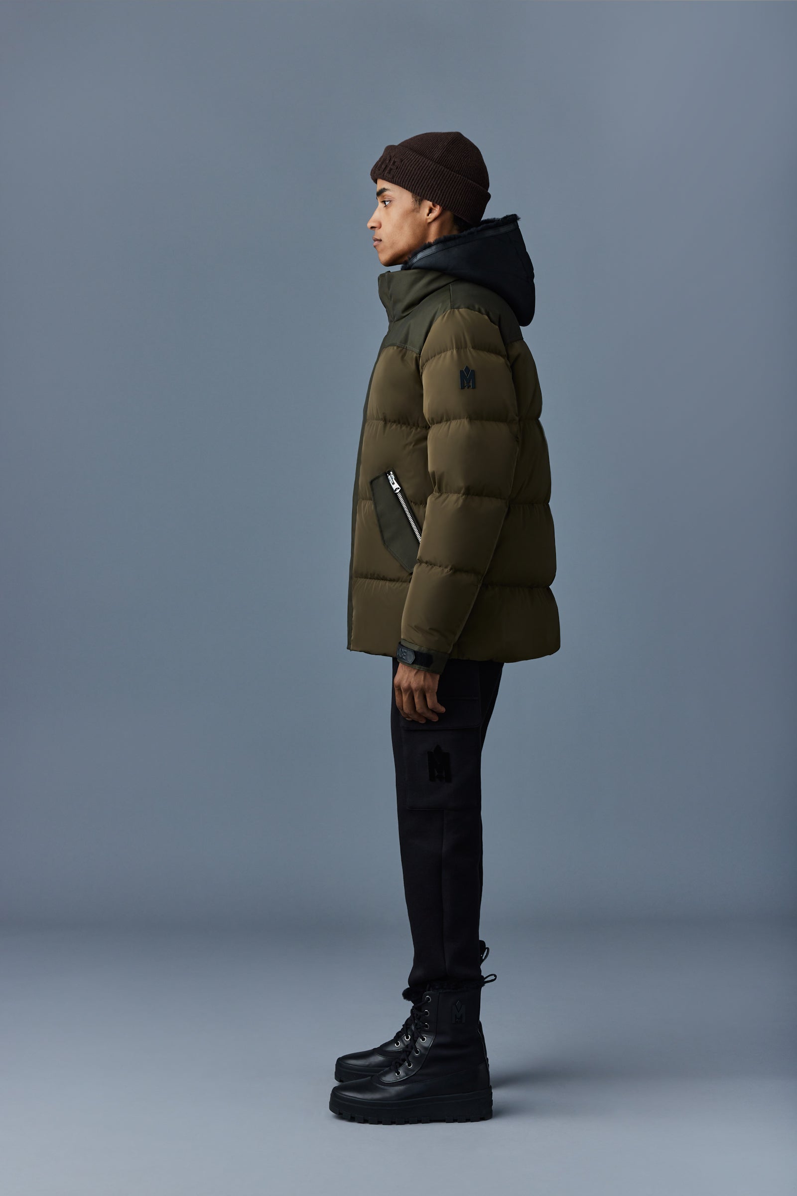 Riley, Classic down jacket with removable shearling bib for men