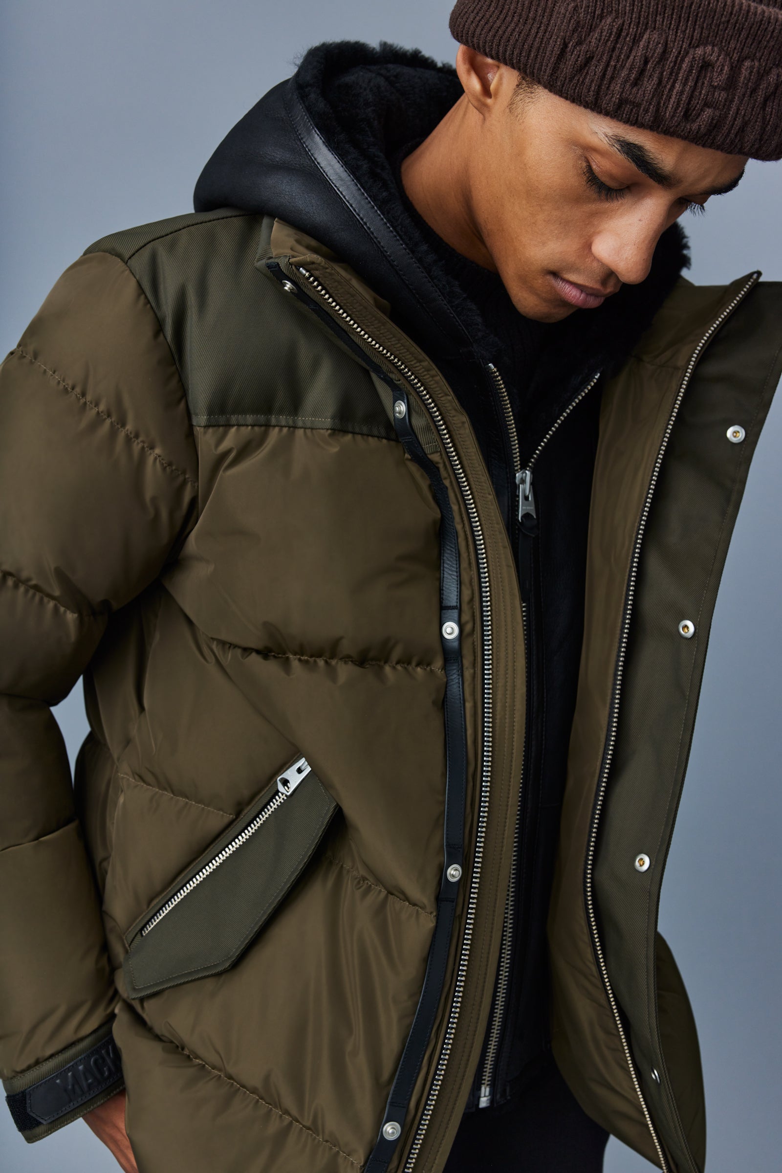 Riley, Classic down jacket with removable shearling bib for men