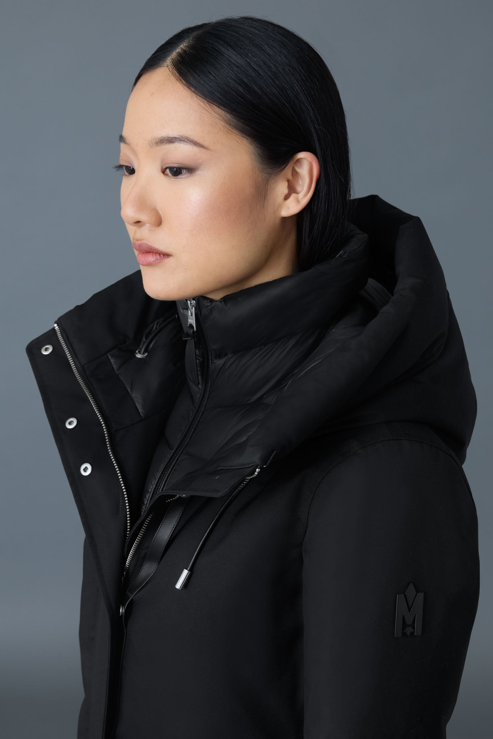 Shiloh-NF, 2-in-1 fitted down coat with removable bib for