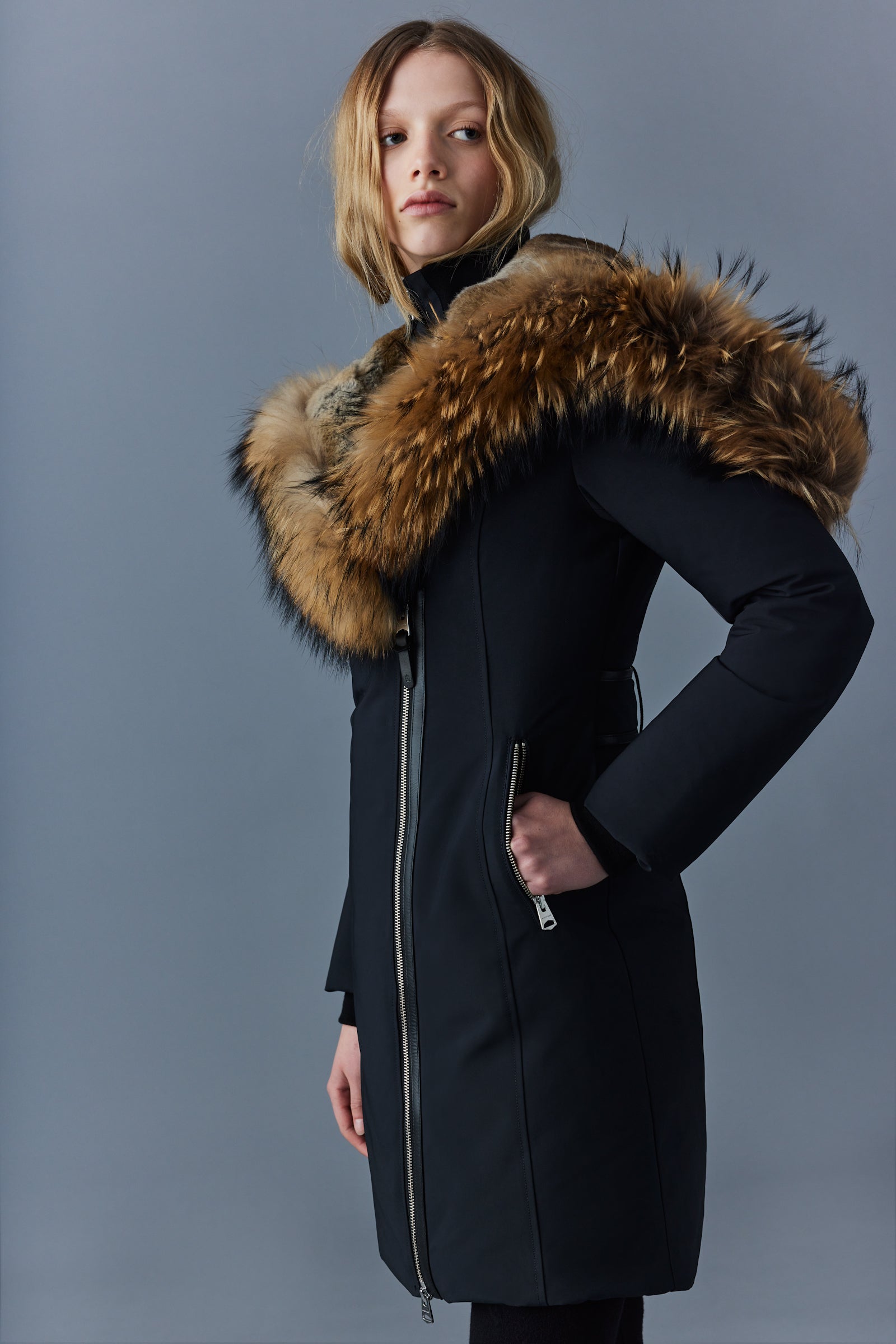 Trish, Powder Touch down coat with natural fur Signature Mackage
