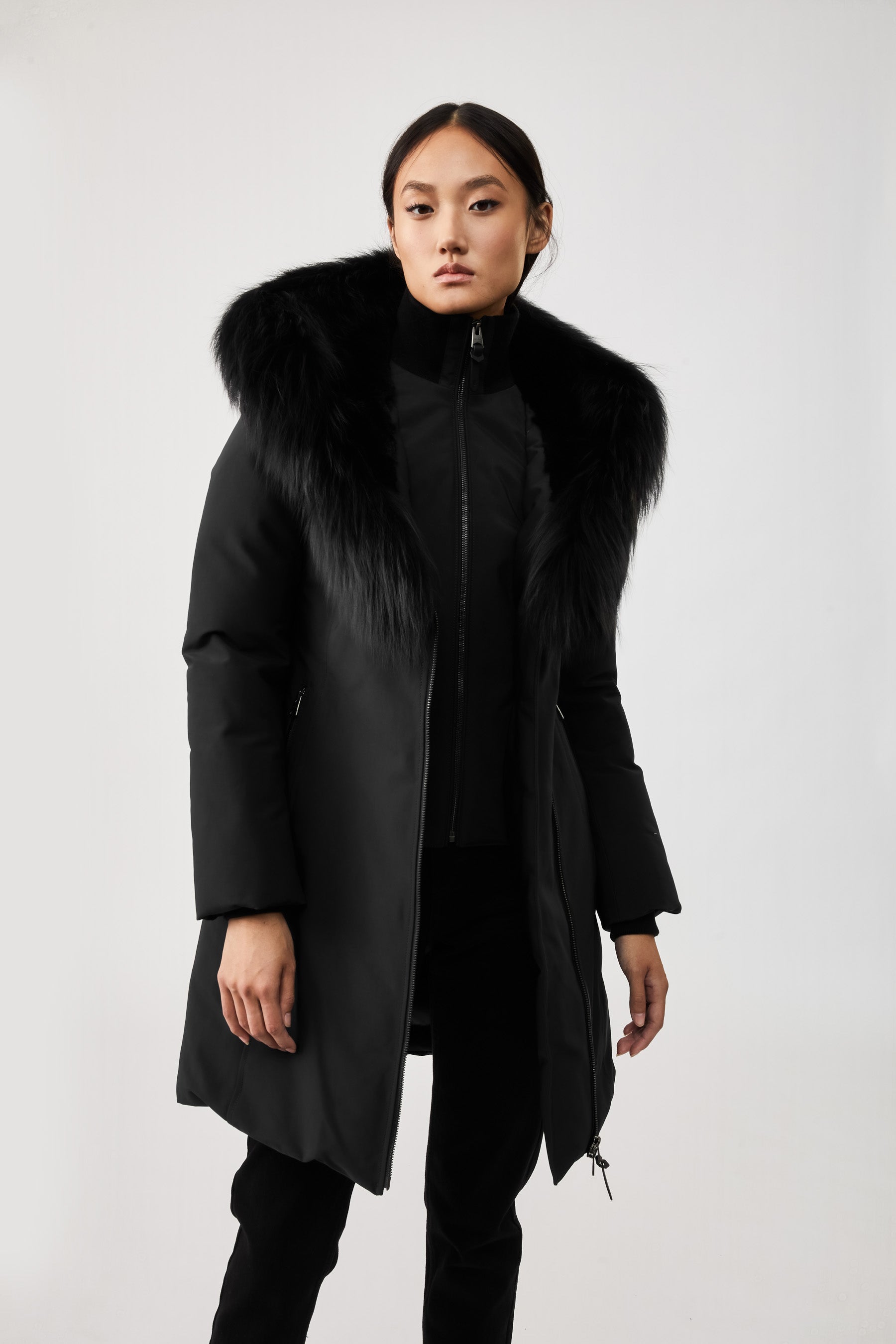 Trish-X, Powder Touch down coat with silver fox fur